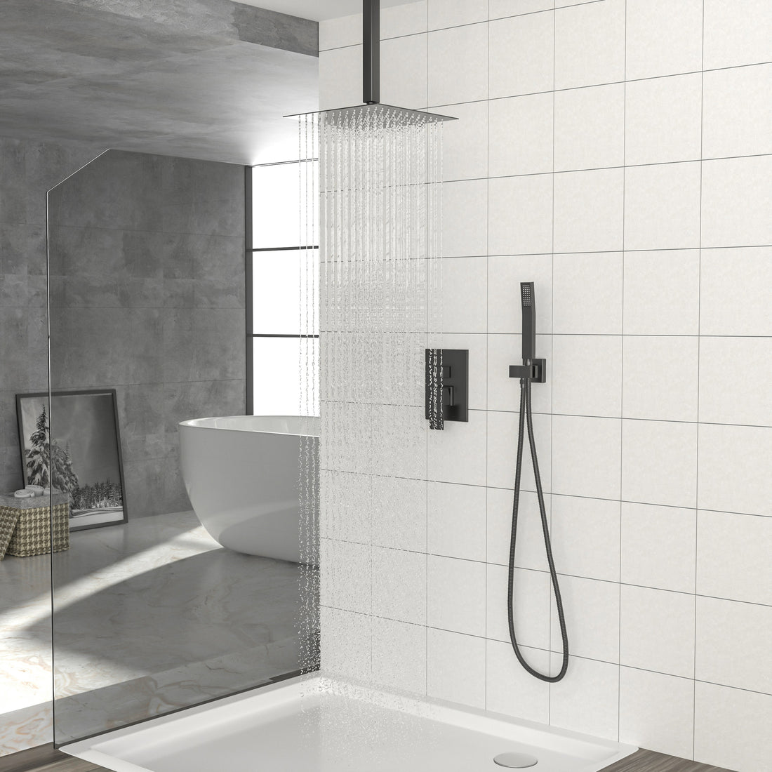 Dual Shower Head 10 Inch Ceiling Mount Square Shower System With Rough In Valve,Matte Black Matte Black Stainless Steel