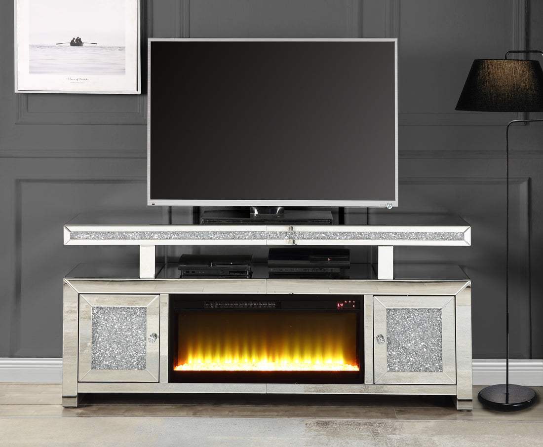 Noralie Tv Stand W Fireplace Mirrored & Faux Diamonds Lv00523 Silver 60 69 Inches Glass