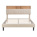 Queen Size Upholstered Platform Bed With Storage Headboard And Usb Port, Linen Fabric Upholstered Bed Beige Beige Linen