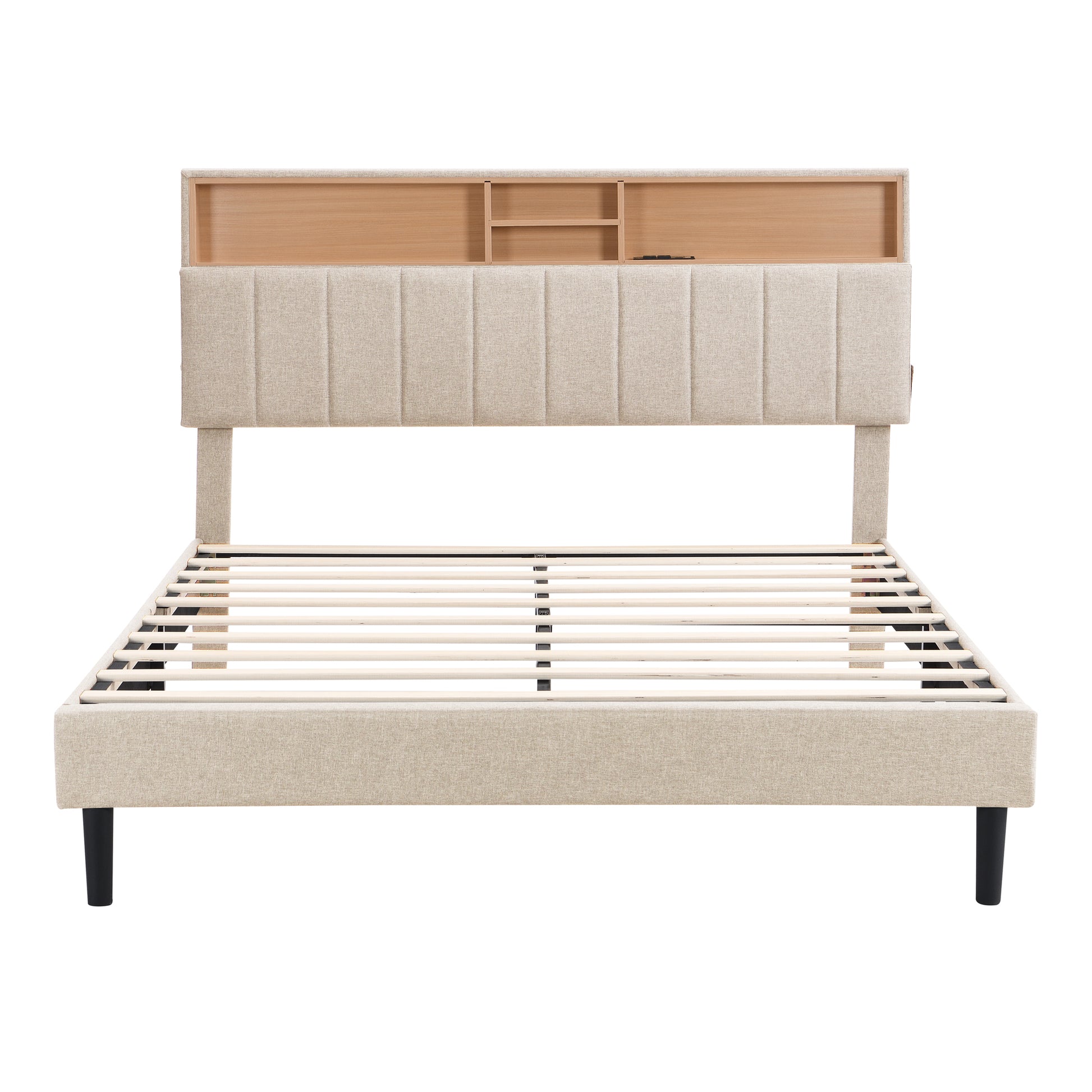 Queen Size Upholstered Platform Bed With Storage Headboard And Usb Port, Linen Fabric Upholstered Bed Beige Beige Linen