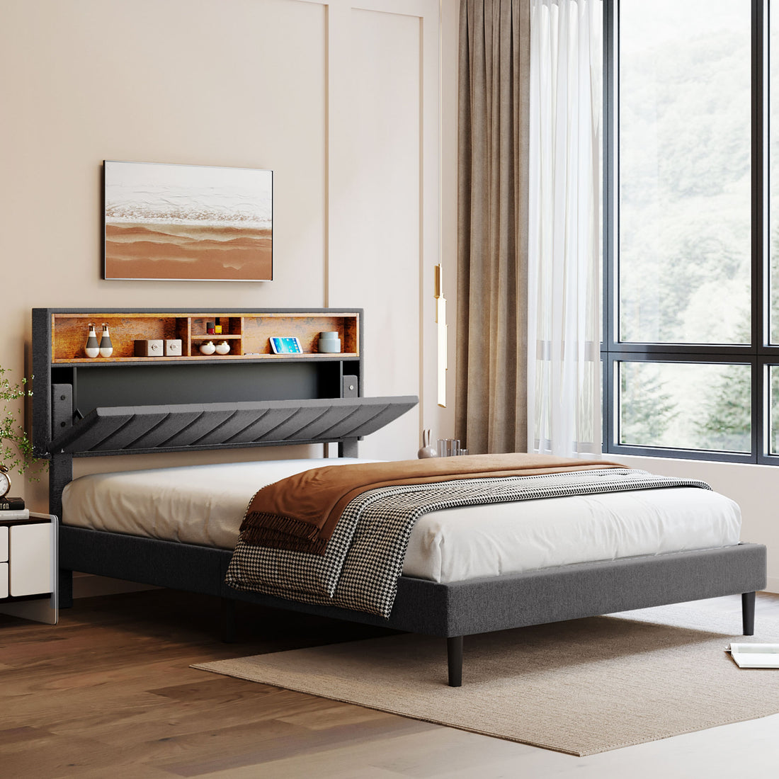 Queen Size Upholstered Platform Bed With Storage Headboard And Usb Port, Linen Fabric Upholstered Bed Gray Gray Linen