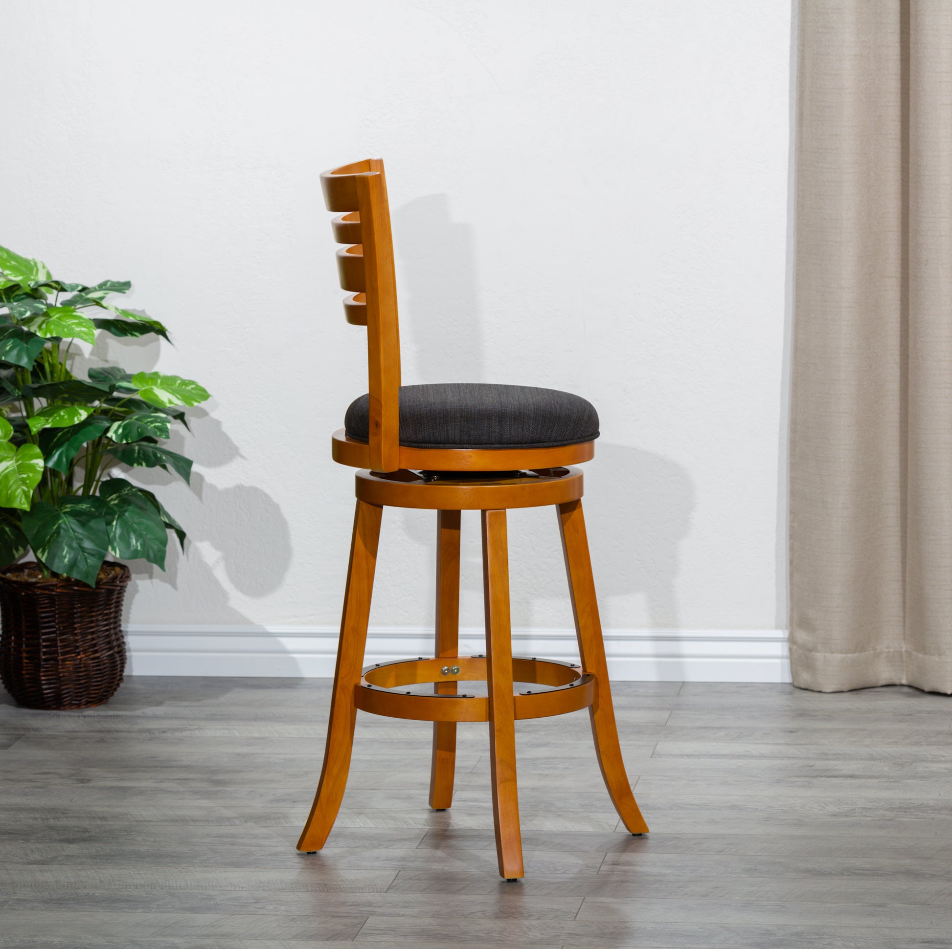 30" Bar Height Slat Back Swivel Stool, Natural Finish, Charcoal Fabric Seat Natural Fabric