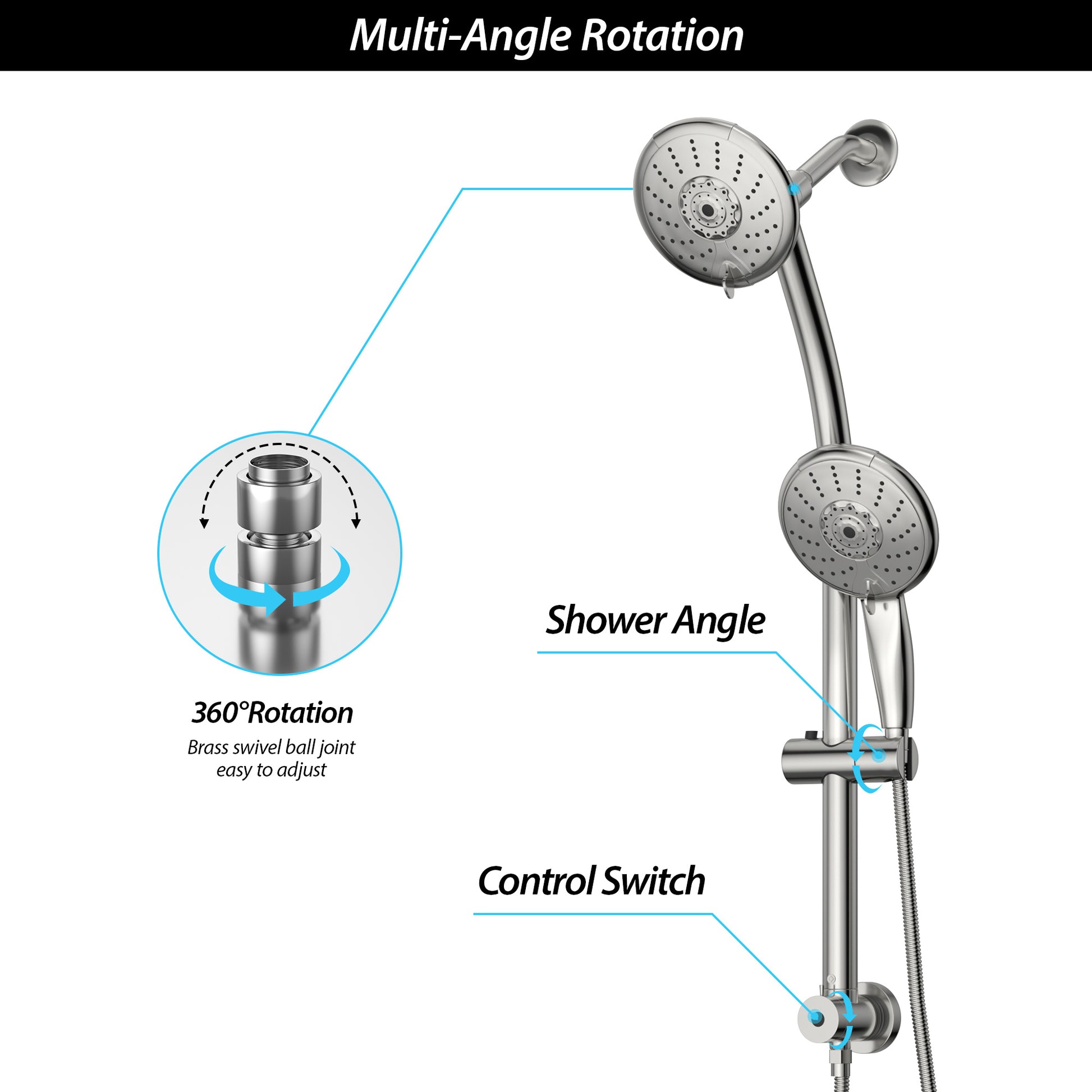 5" Multi Function Dual Shower Head, With Adjustable Slide Bar,Chrome Chrome Plastic