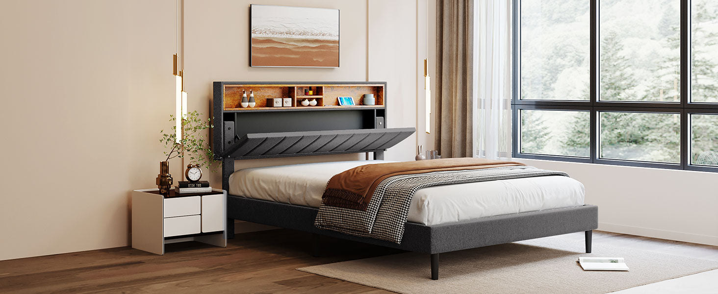 Queen Size Upholstered Platform Bed With Storage Headboard And Usb Port, Linen Fabric Upholstered Bed Gray Gray Linen