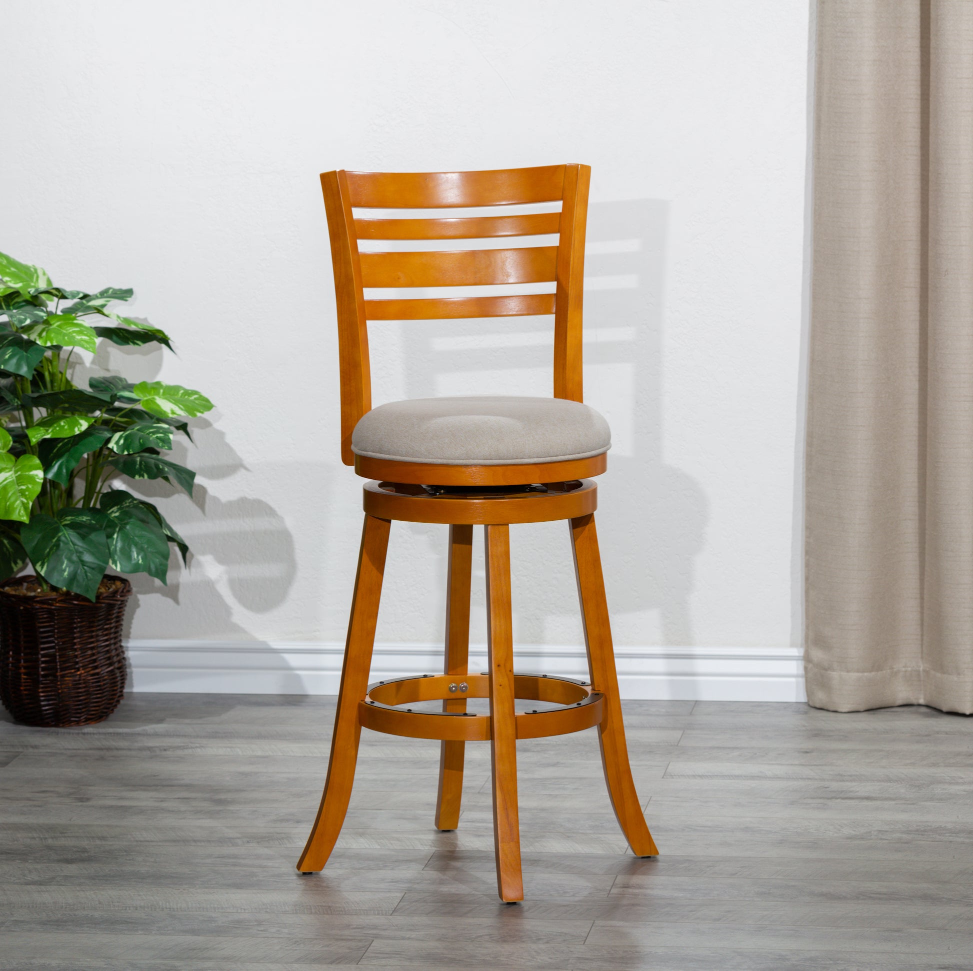 30" Bar Height Slat Back Swivel Stool, Natural Finish, Beige Fabric Seat Natural Fabric