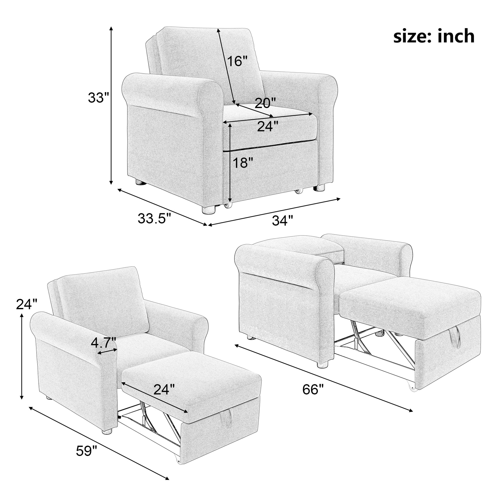 3 In 1 Sofa Bed Chair, Convertible Sleeper Chair Bed,Adjust Backrest Into A Sofa,Lounger Chair,Single Bed,Modern Chair Bed Sleeper For Adults,White Old Sku:Wf301161Aab White Linen