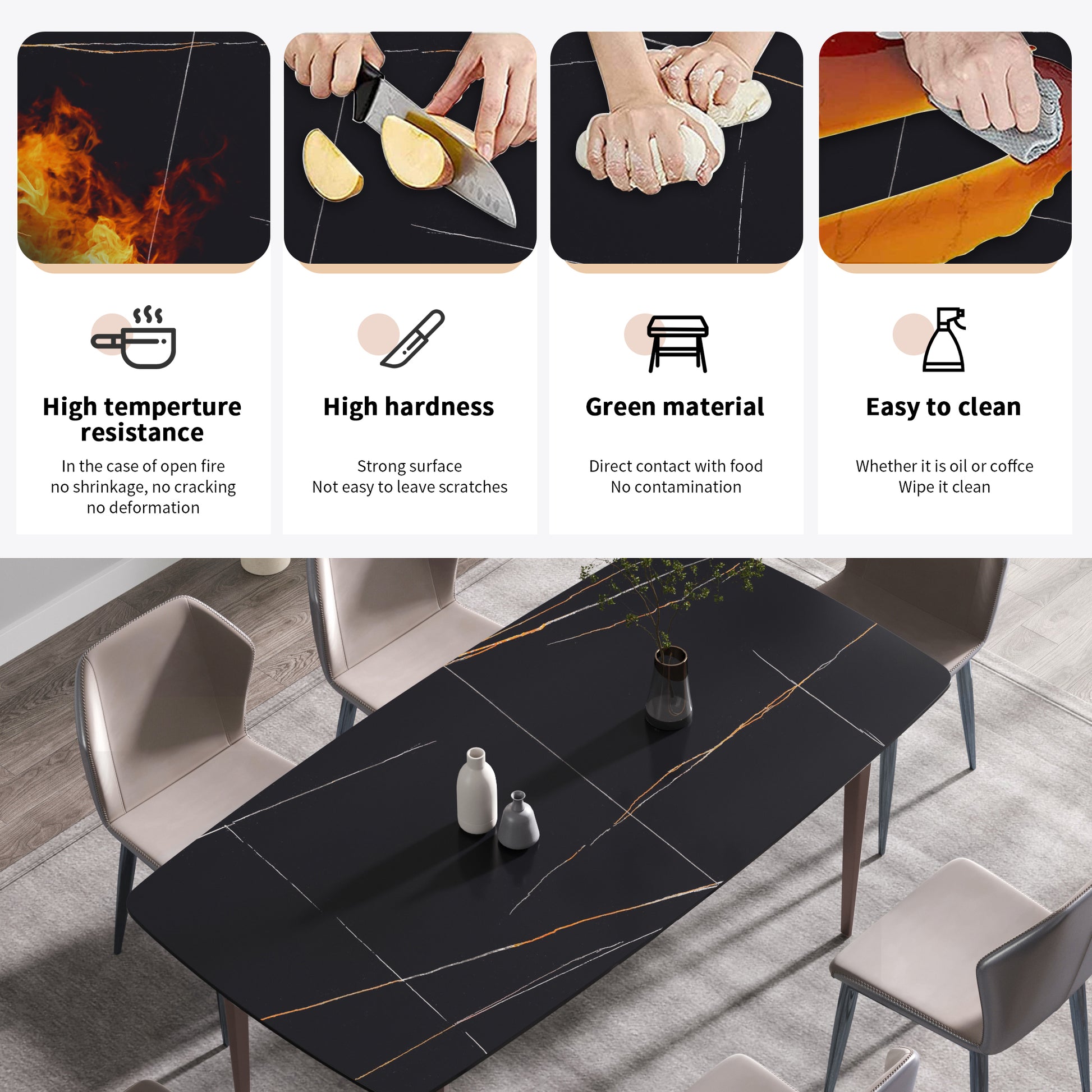 70.87"Modern Artificial Stone Black Curved Metal Leg Dining Table Can Accommodate 6 8 People Black Metal Sintered Stone