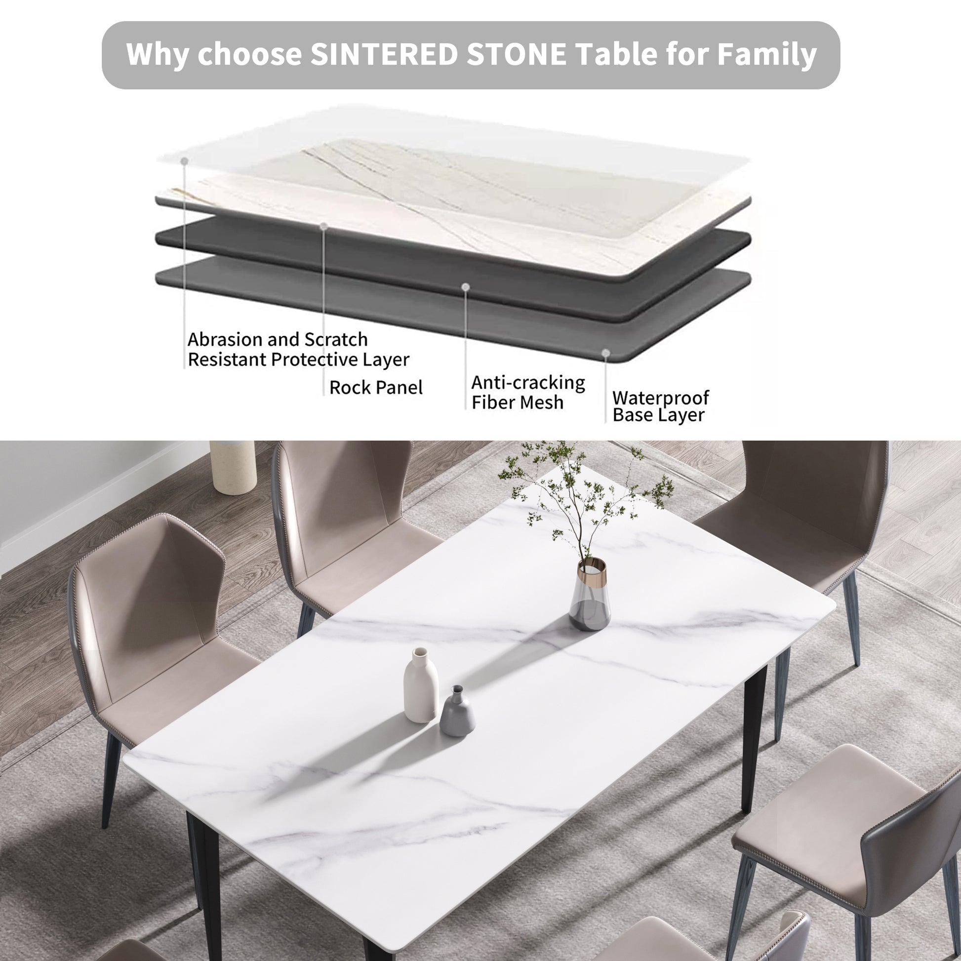 63"Modern Artificial Stone White Straight Edge Black Metal Leg Dining Table 6 People White Metal Sintered Stone