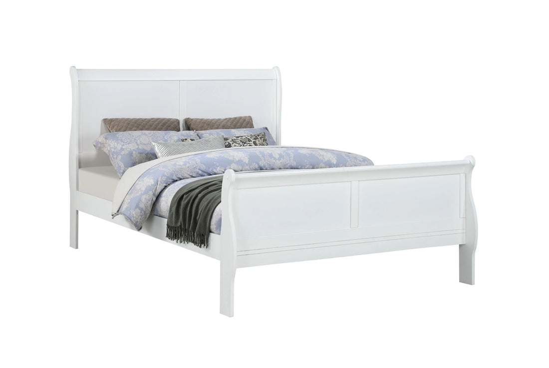 Louis Phillipe White Finish Queen Size Panel Sleigh Bed Solid Wood Wooden Bedroom Furniture Queen White Solid Wood