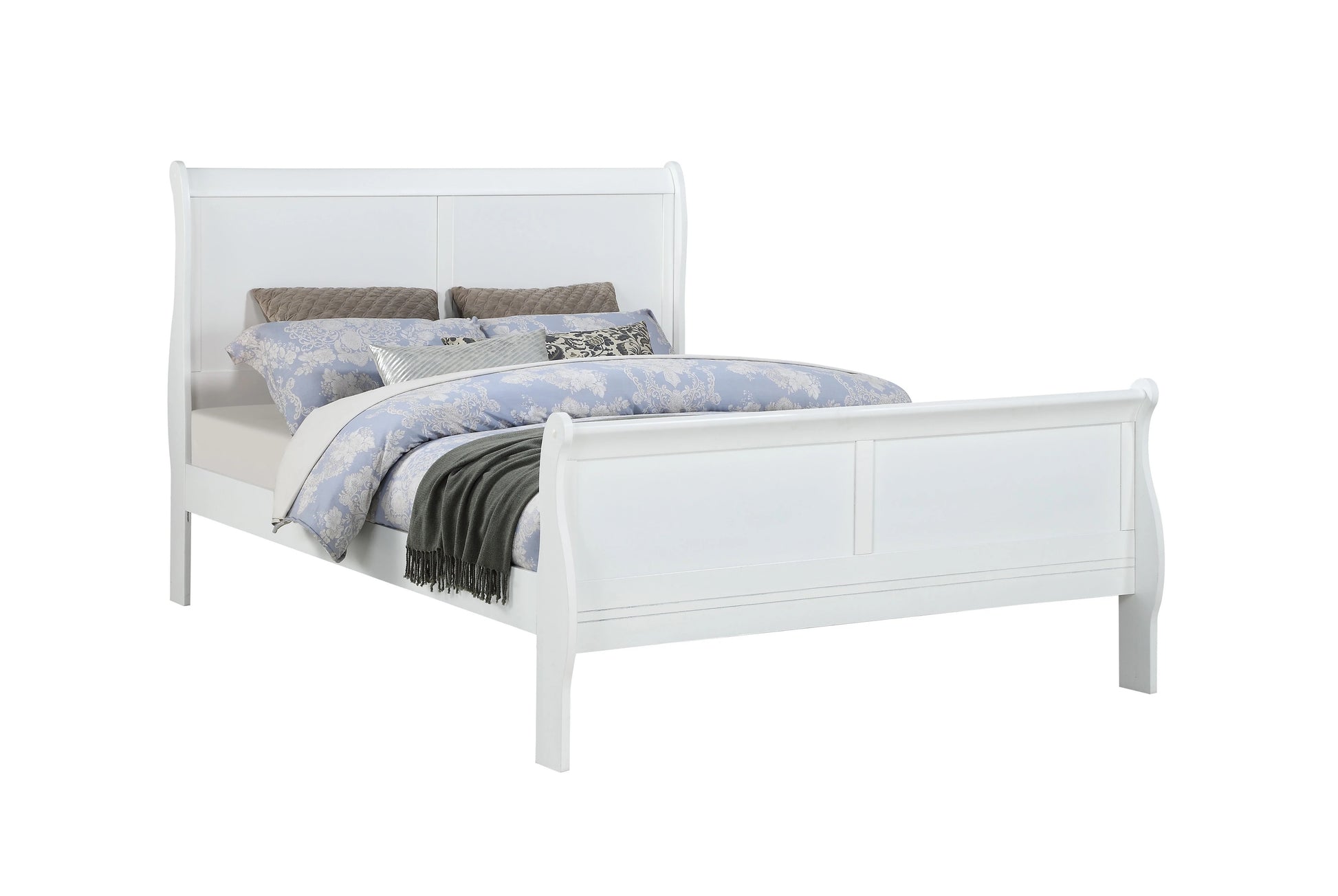Louis Phillipe White Full Size Panel Sleigh Bed Solid Wood Wooden Bedroom Furniture Full White Solid Wood
