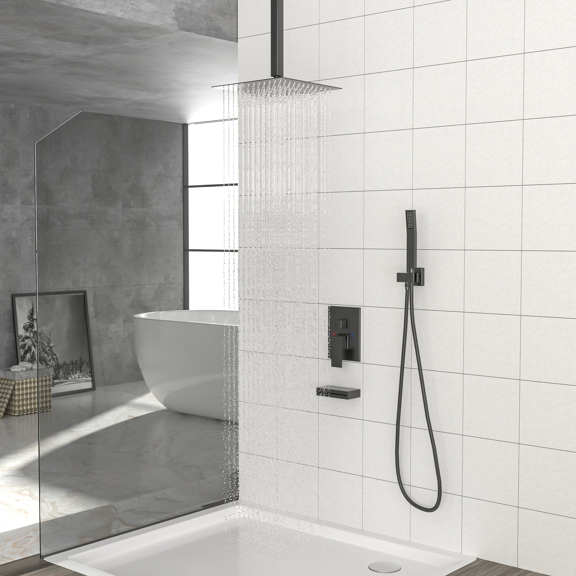 Shower System With Waterfall Tub Spout,12 Inch Ceiling Mount Square Shower System With Rough In Valve,Matte Black Matte Black Stainless Steel