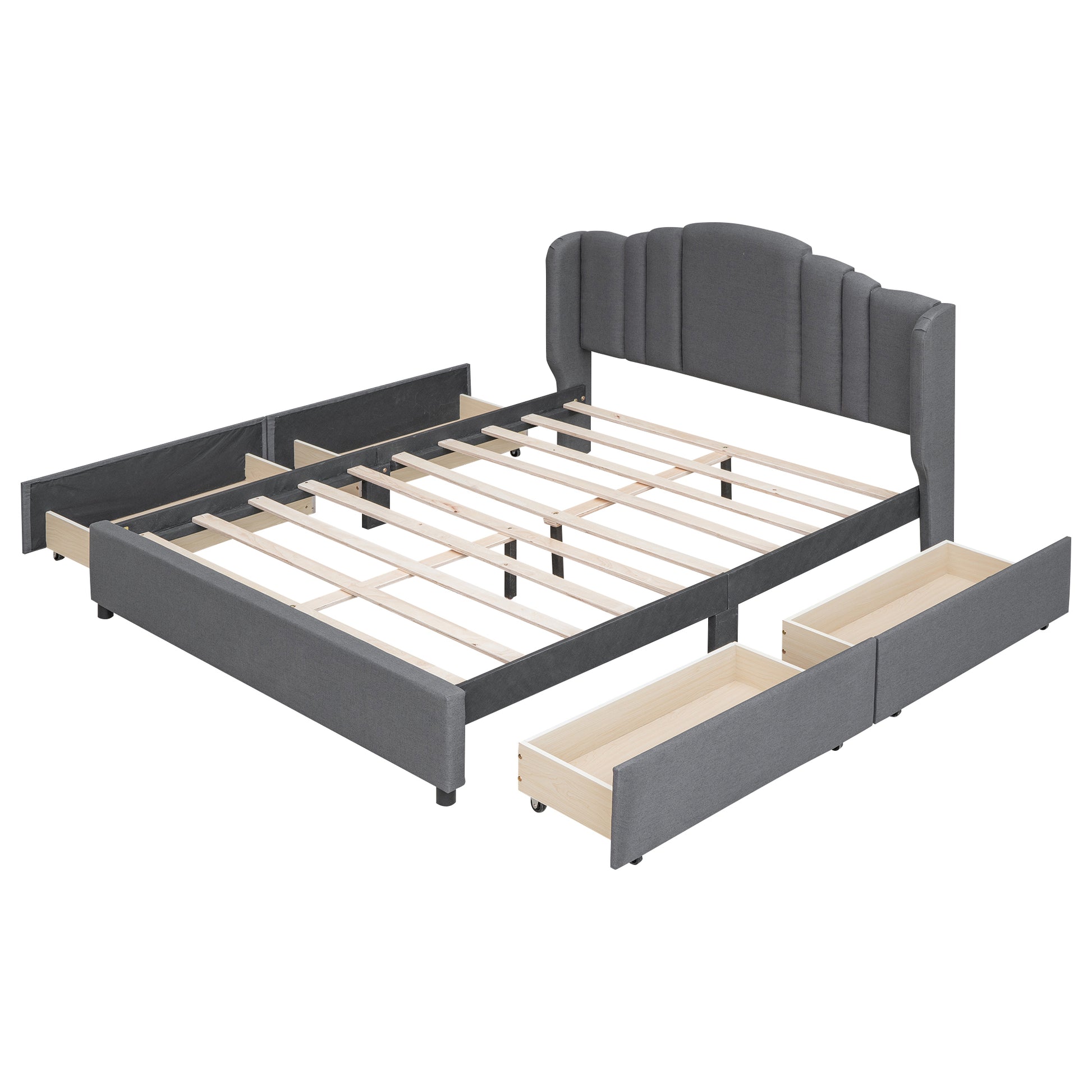 3 Pieces Bedroom Sets Queen Size Upholstered Platform Bed With 4 Drawers, Marble Top Nightstand And Storage Dresser, Gray Gray Mdf