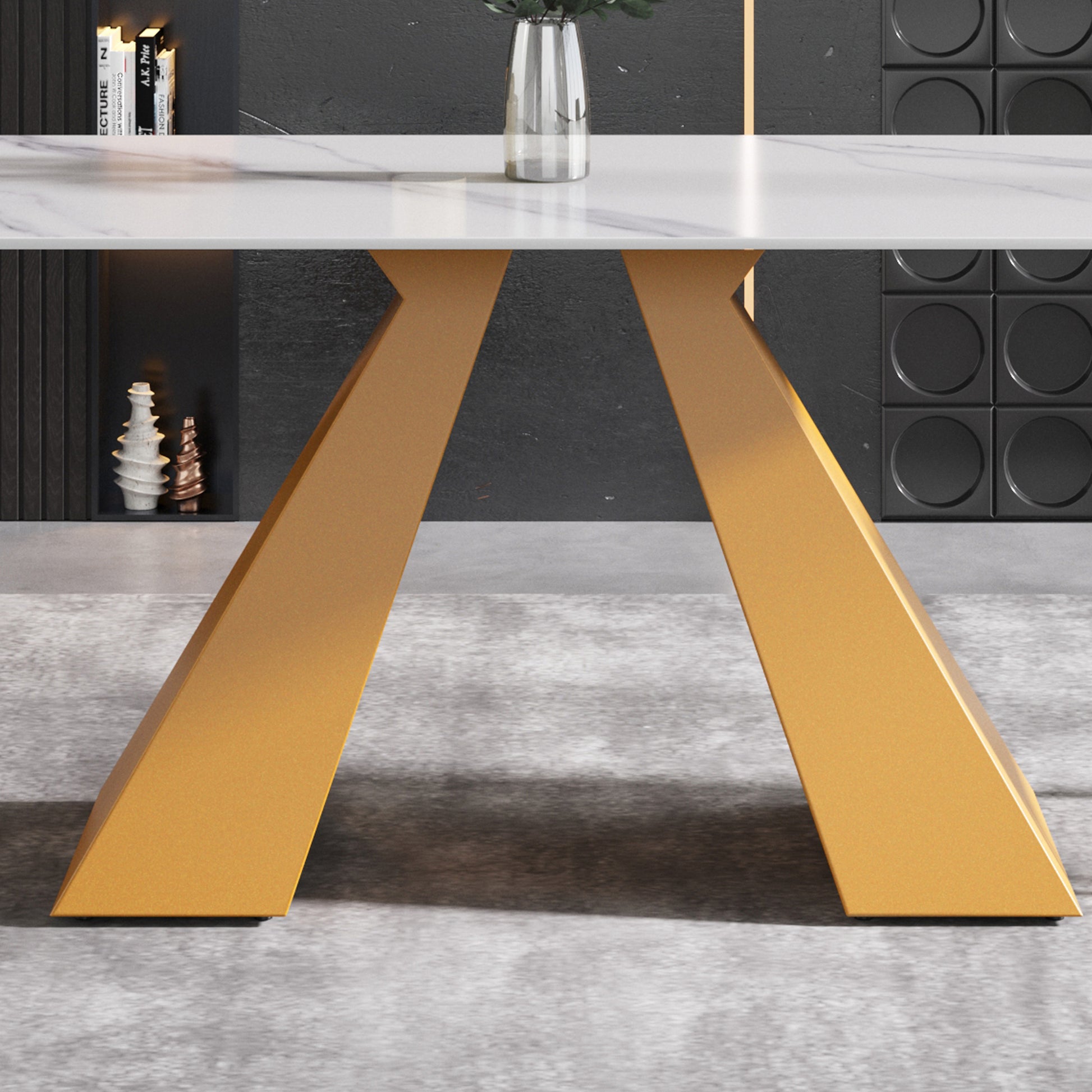 63"Modern Artificial Stone White Straight Edge Golden Metal Leg Dining Table 6 People White Metal Sintered Stone