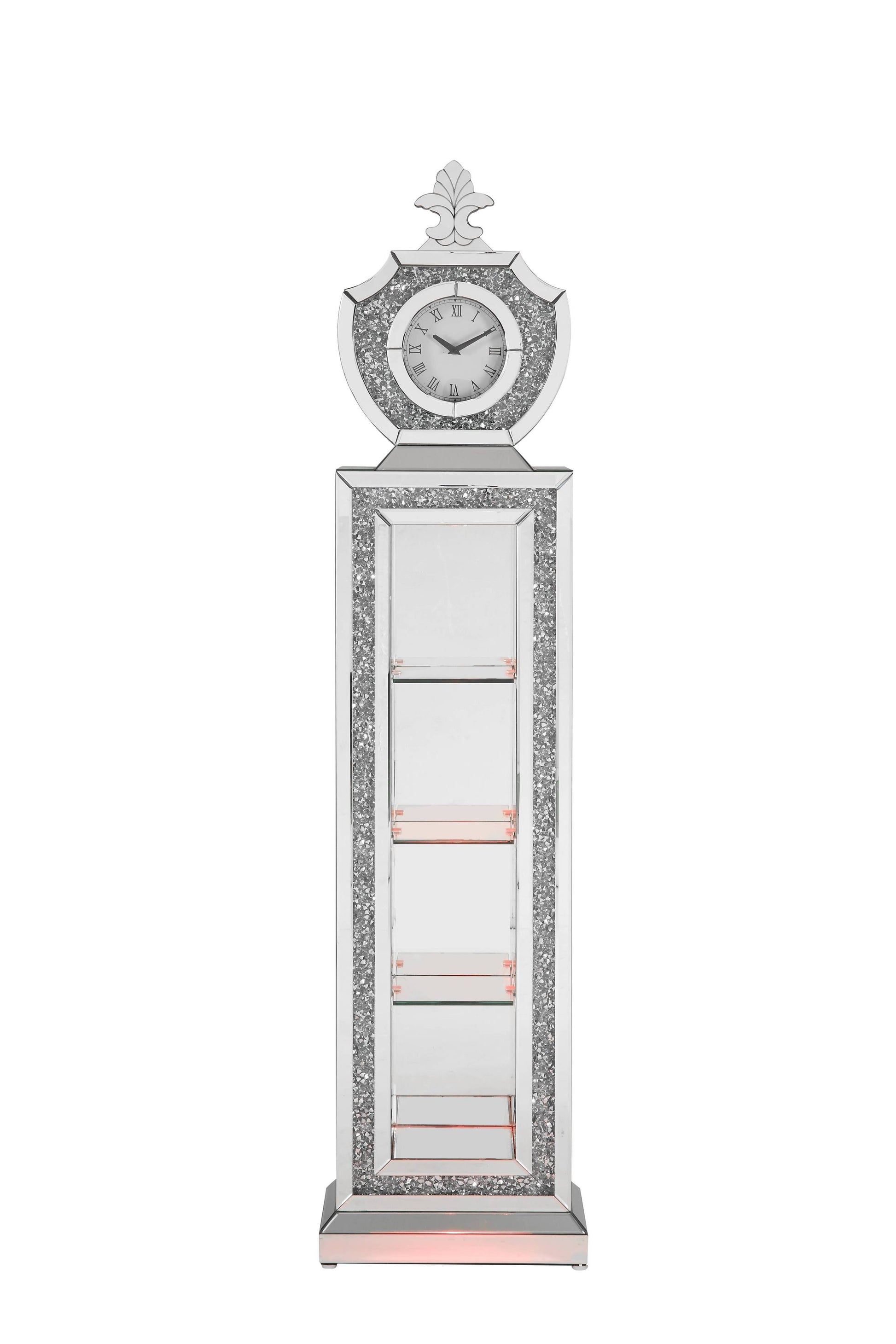 Noralie Grandfather Clock W Led Mirrored & Faux Diamonds Ac00351 Silver Glass