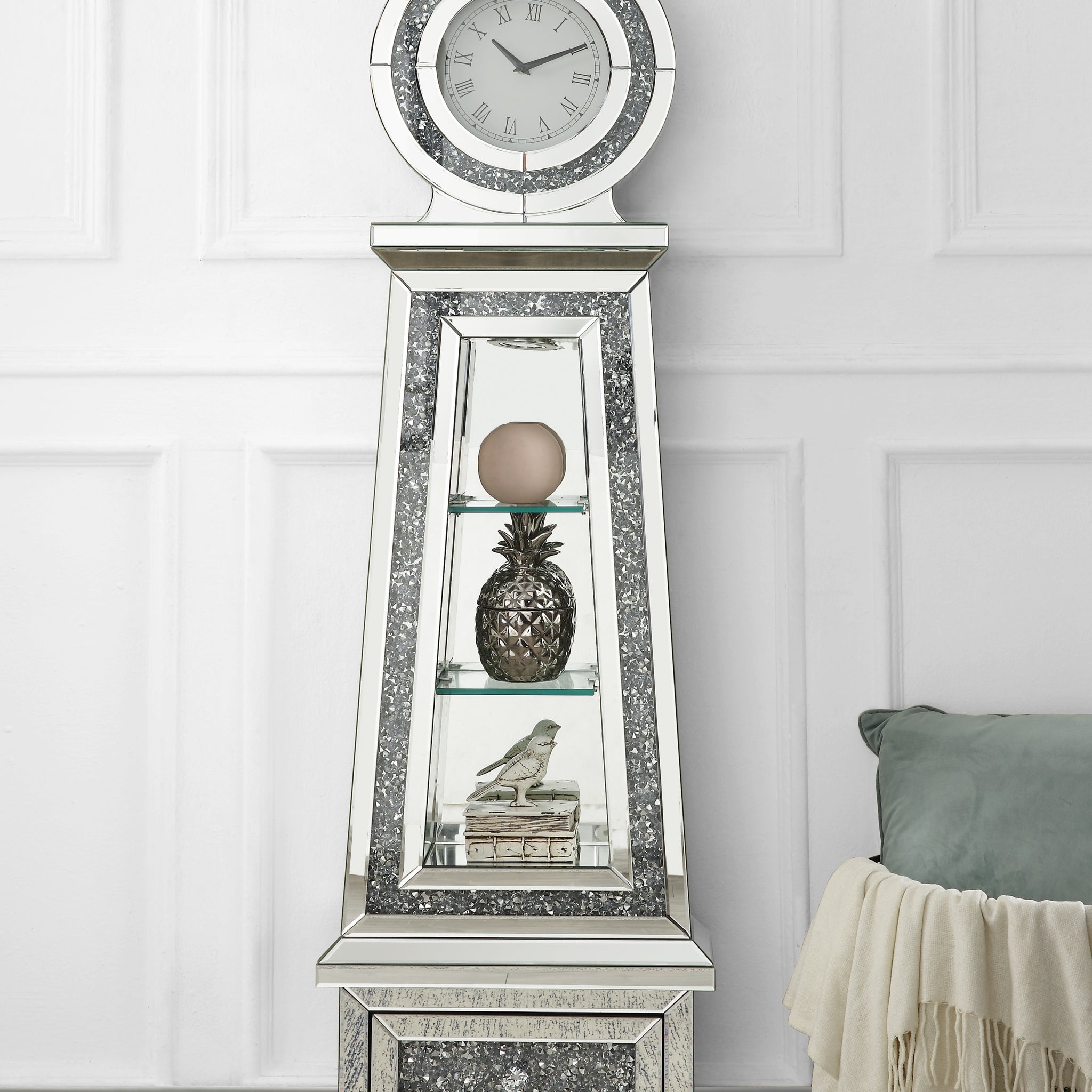 Noralie Grandfather Clock W Led Mirrored & Faux Diamonds Ac00349 Silver Glass