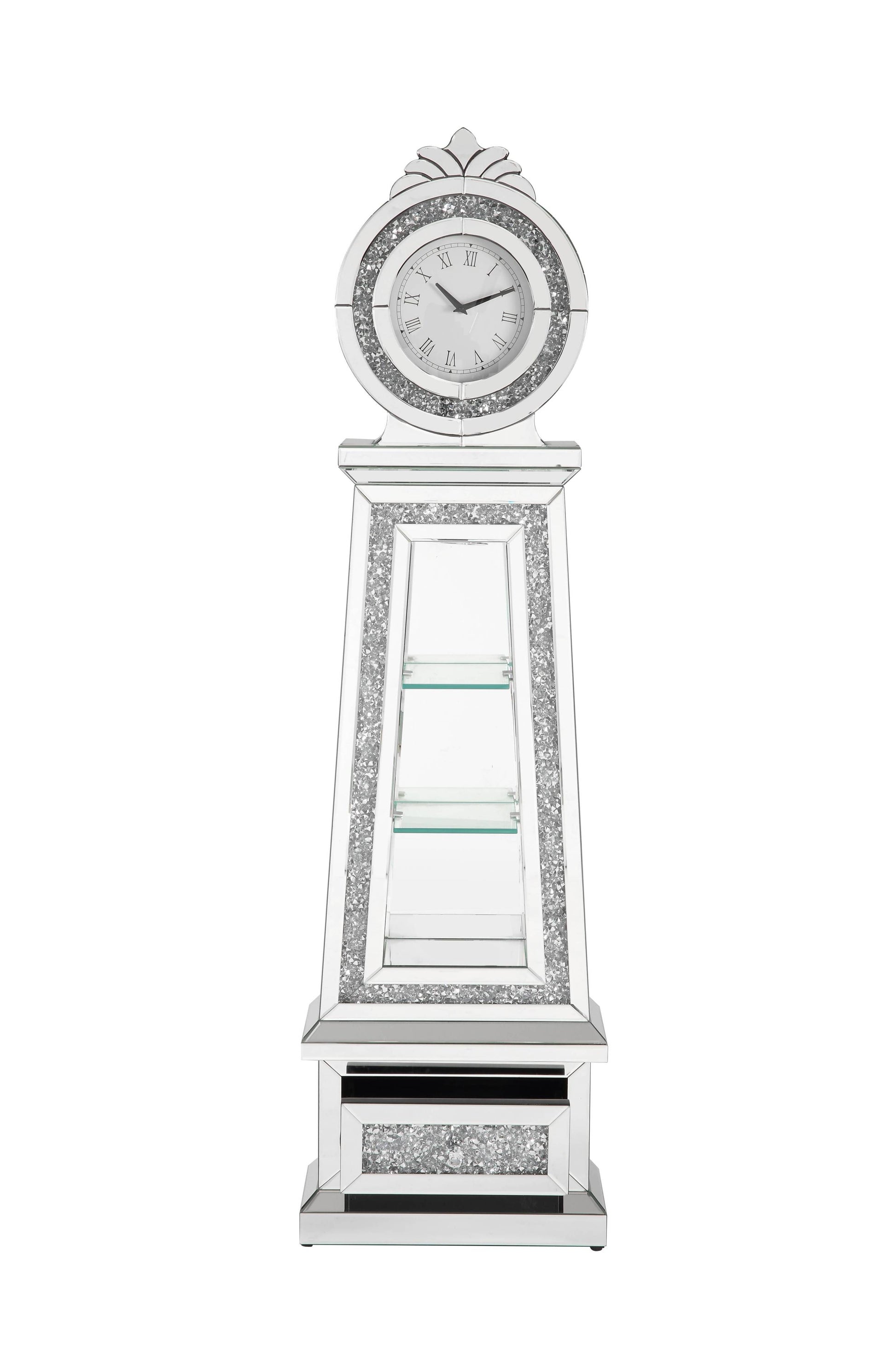 Noralie Grandfather Clock W Led Mirrored & Faux Diamonds Ac00349 Silver Glass