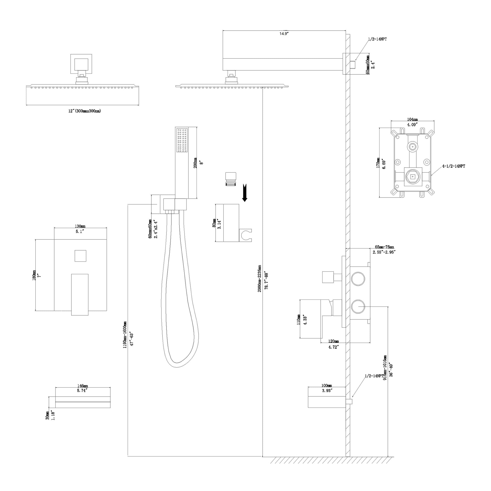 Shower System With Waterfall Tub Spout,12 Inch Wall Mounted Square Shower System With Rough In Valve,Matte Black Matte Black Stainless Steel