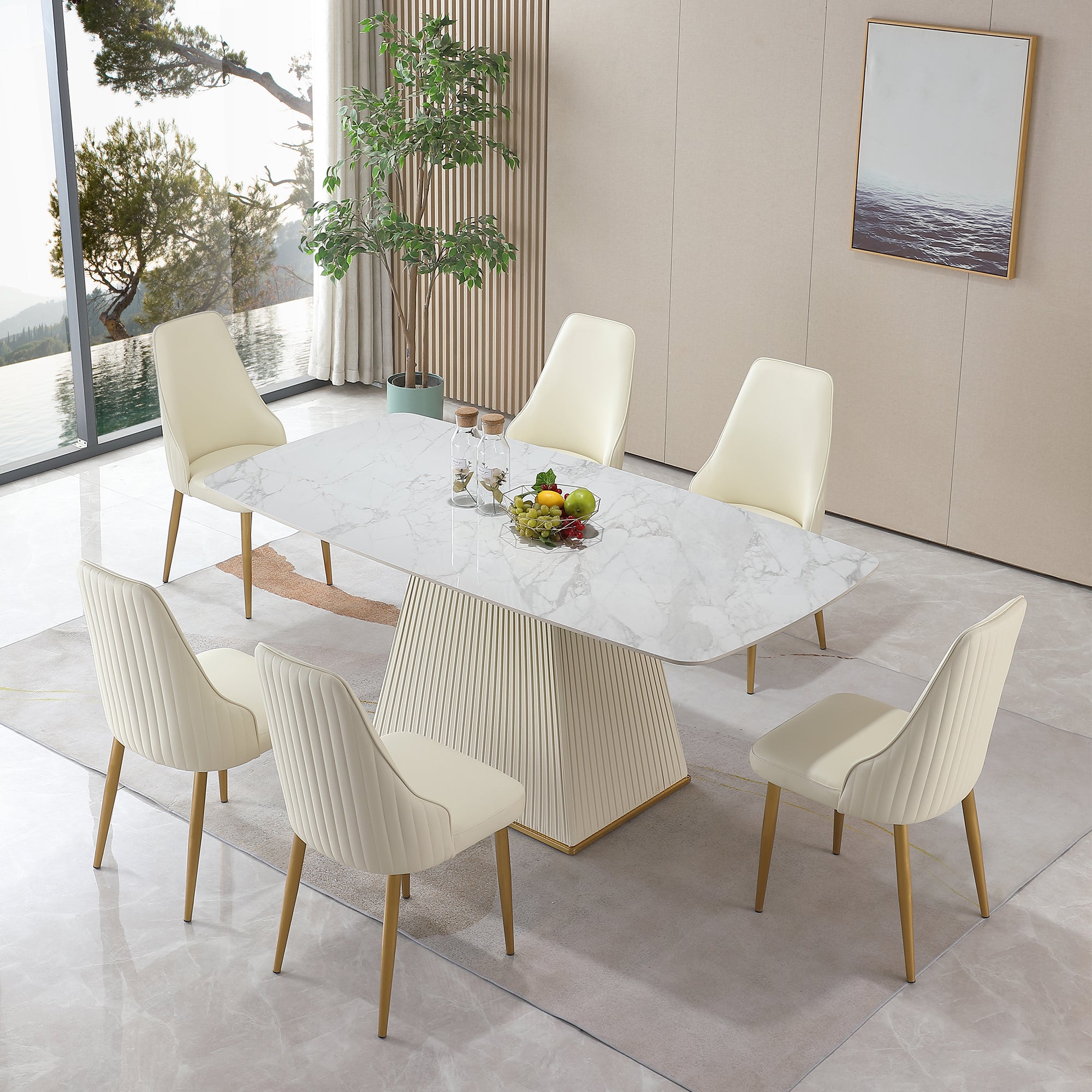 71" Contemporary Dining Table Sintered Stone Square Pedestal Base With 6 Pcs Chairs . White Dining Room American Design Sintered Stone