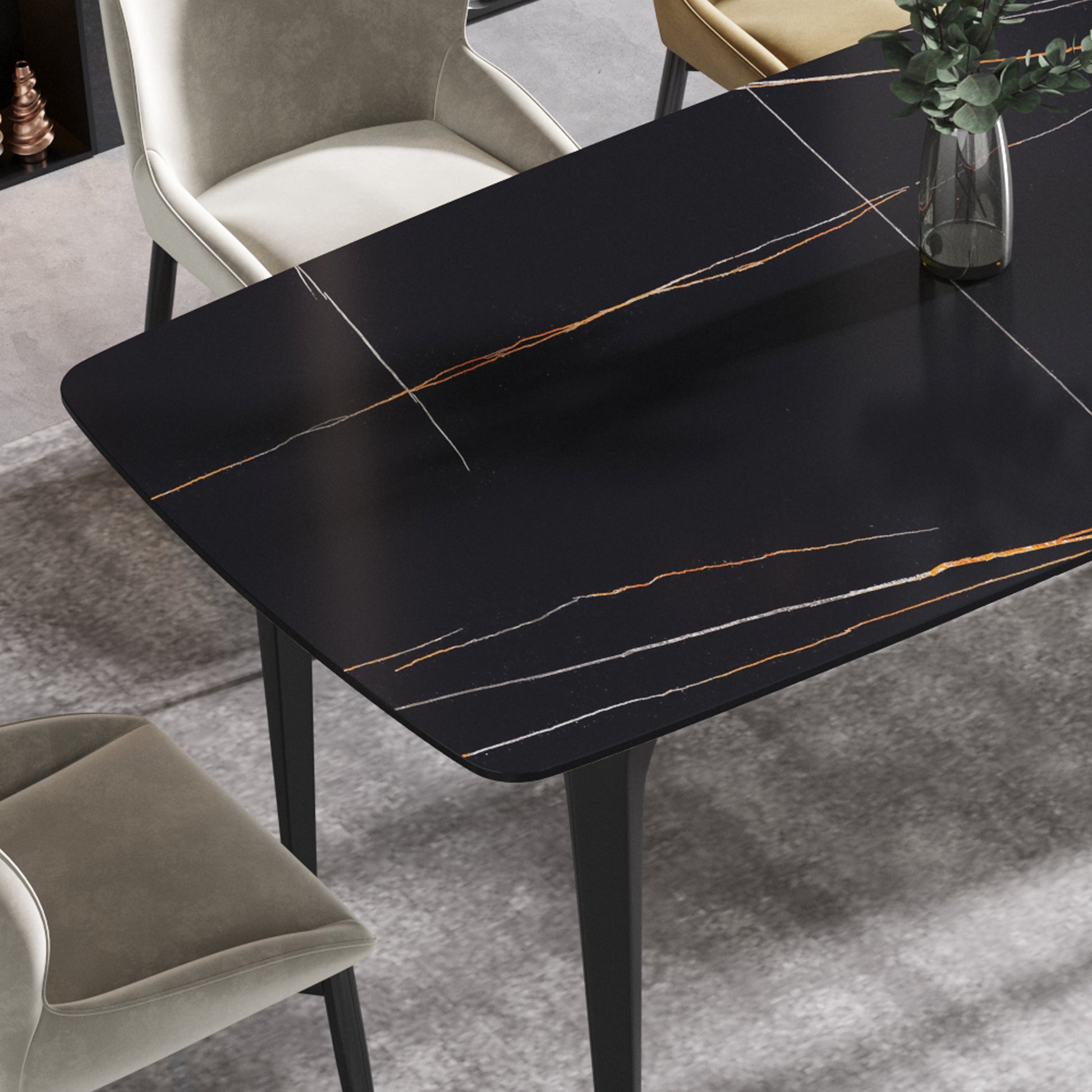 70.87"Modern Artificial Stone Black Curved Black Metal Leg Dining Table Can Accommodate 6 8 People Black Metal Sintered Stone