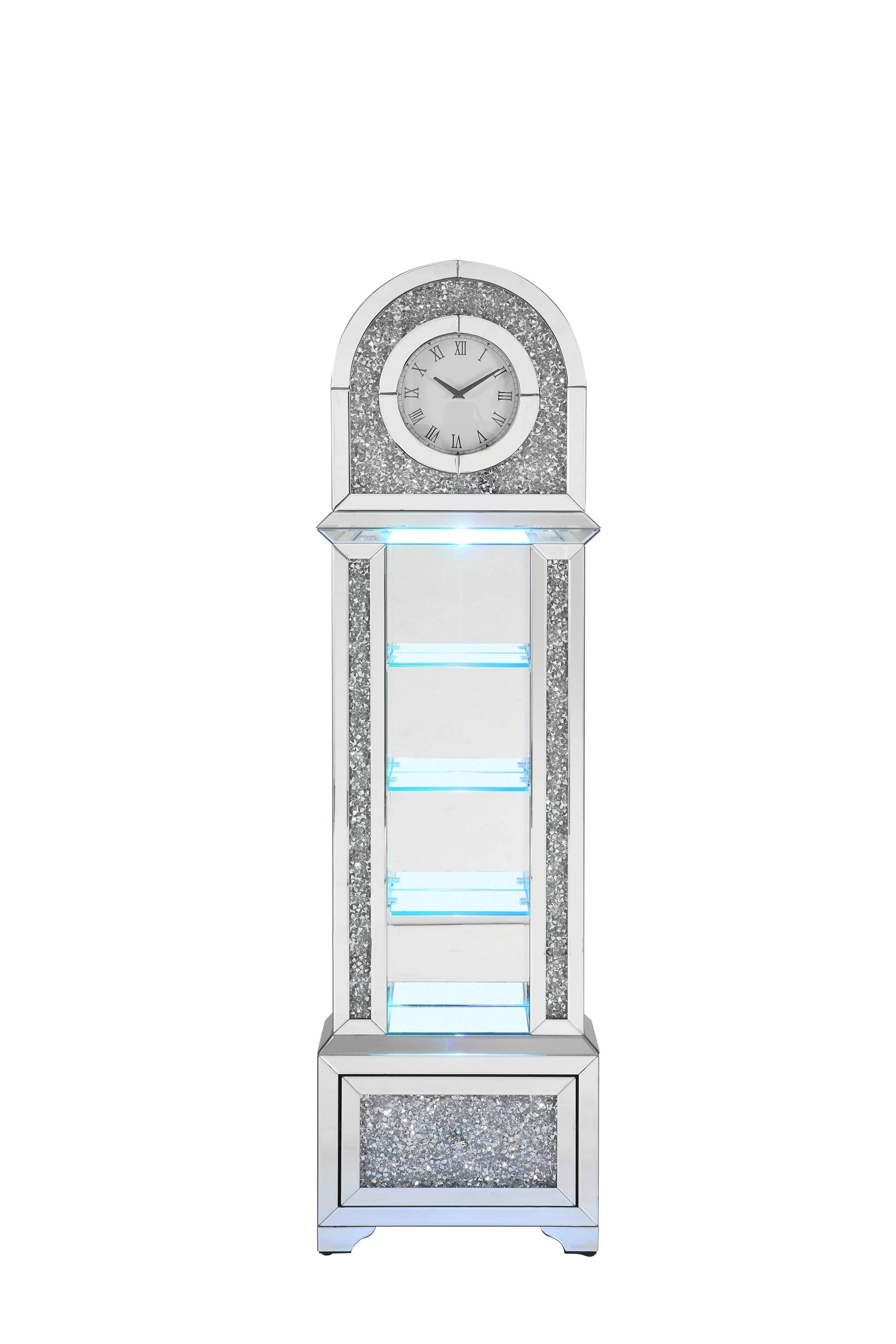 Noralie Grandfather Clock W Led Mirrored & Faux Diamonds Ac00353 Silver Glass