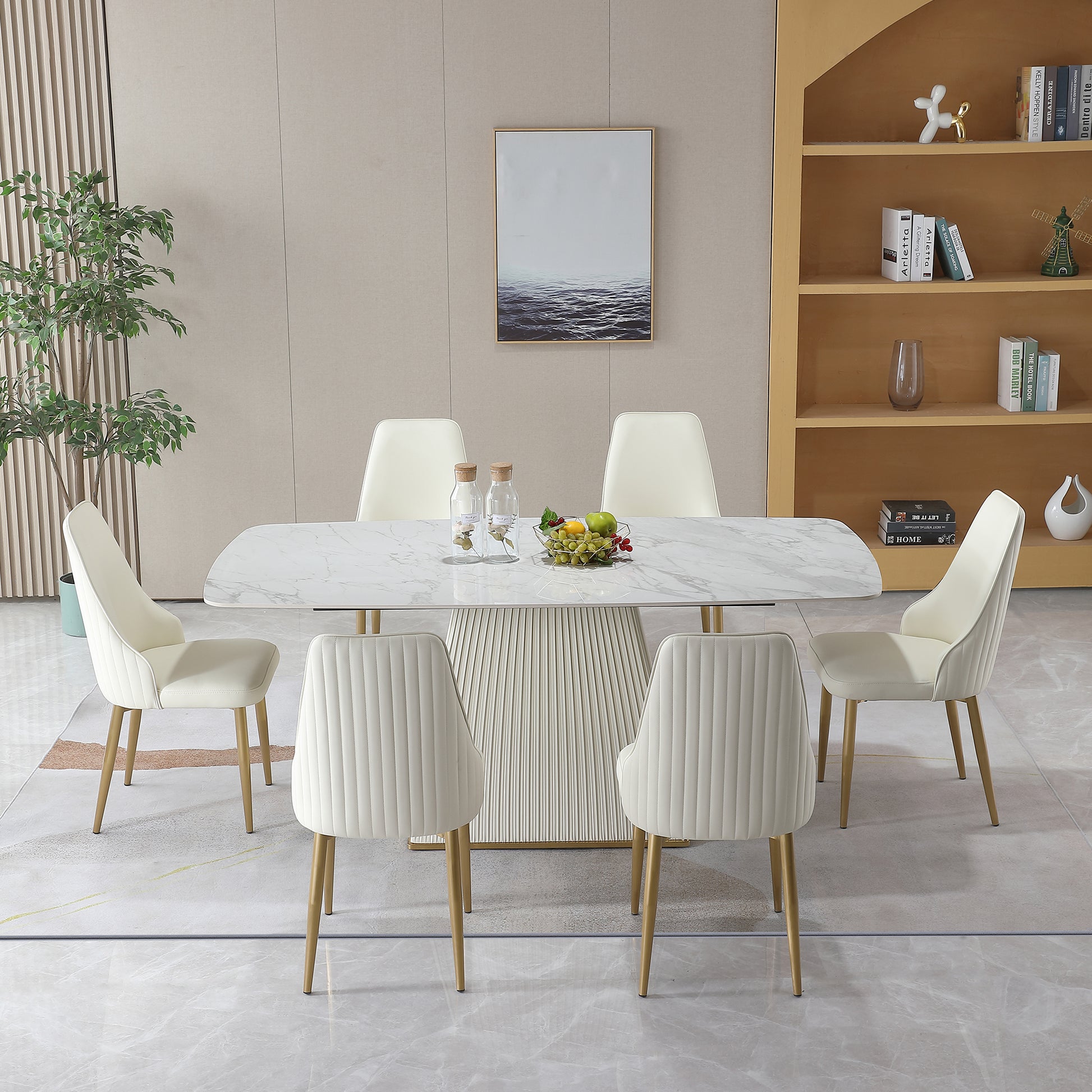 71" Contemporary Dining Table Sintered Stone Square Pedestal Base With 6 Pcs Chairs . White Dining Room American Design Sintered Stone