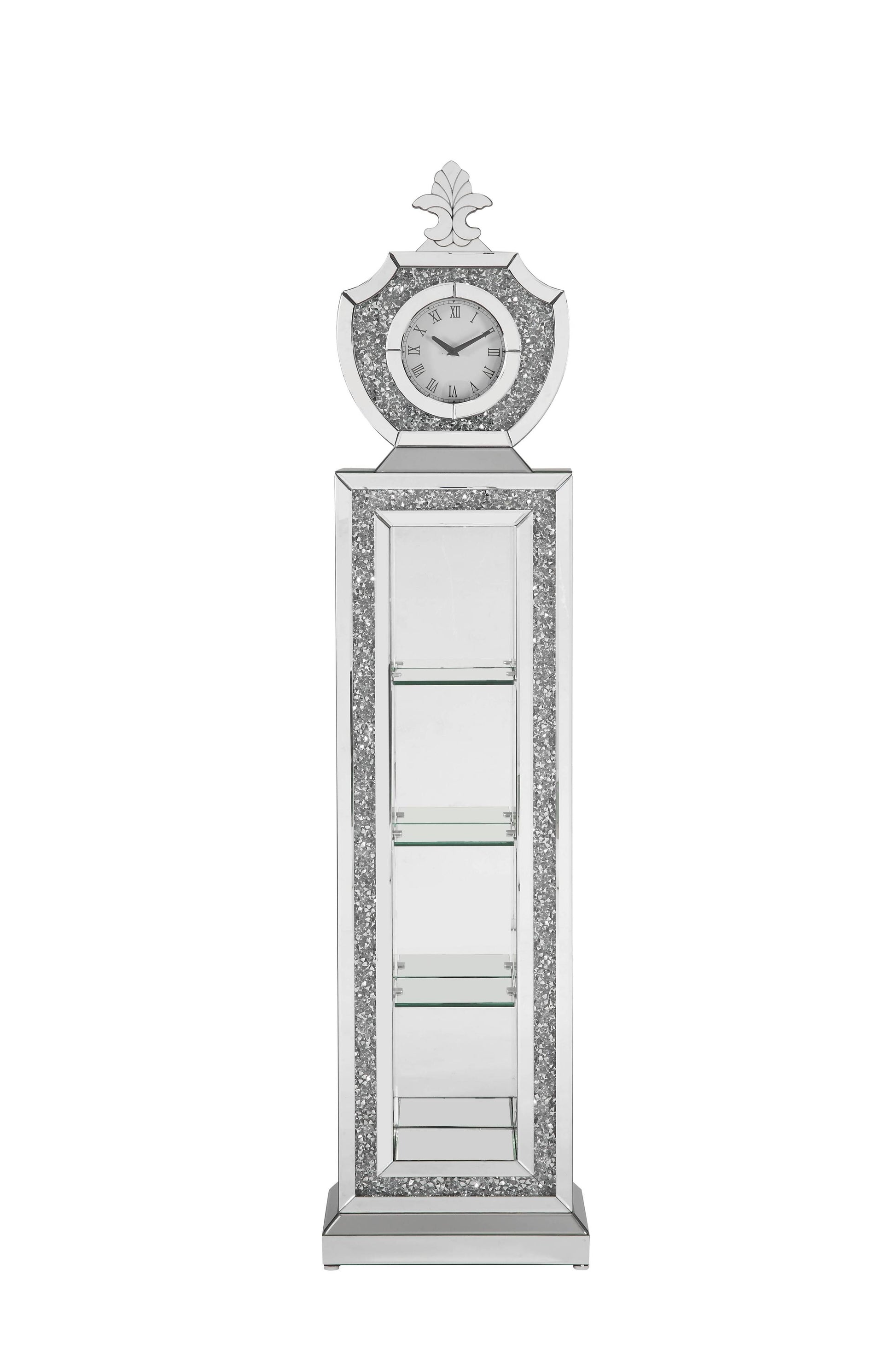 Noralie Grandfather Clock W Led Mirrored & Faux Diamonds Ac00351 Silver Glass