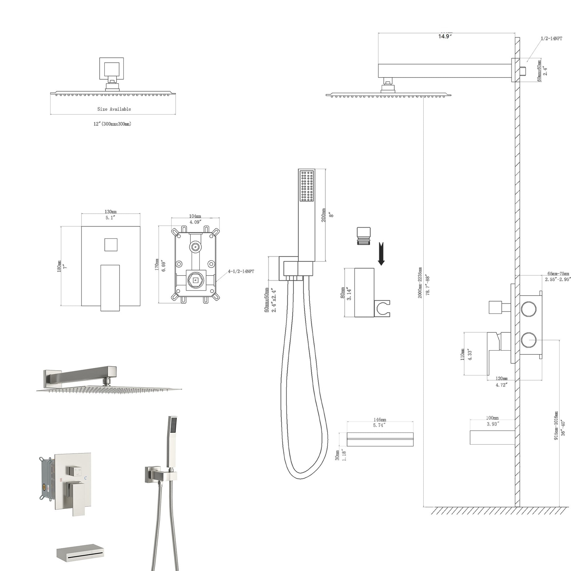 Shower System With Waterfall Tub Spout,12 Inch Wall Mounted Square Shower System With Rough In Valve, Brushed Nickel Brushed Nickel Stainless Steel