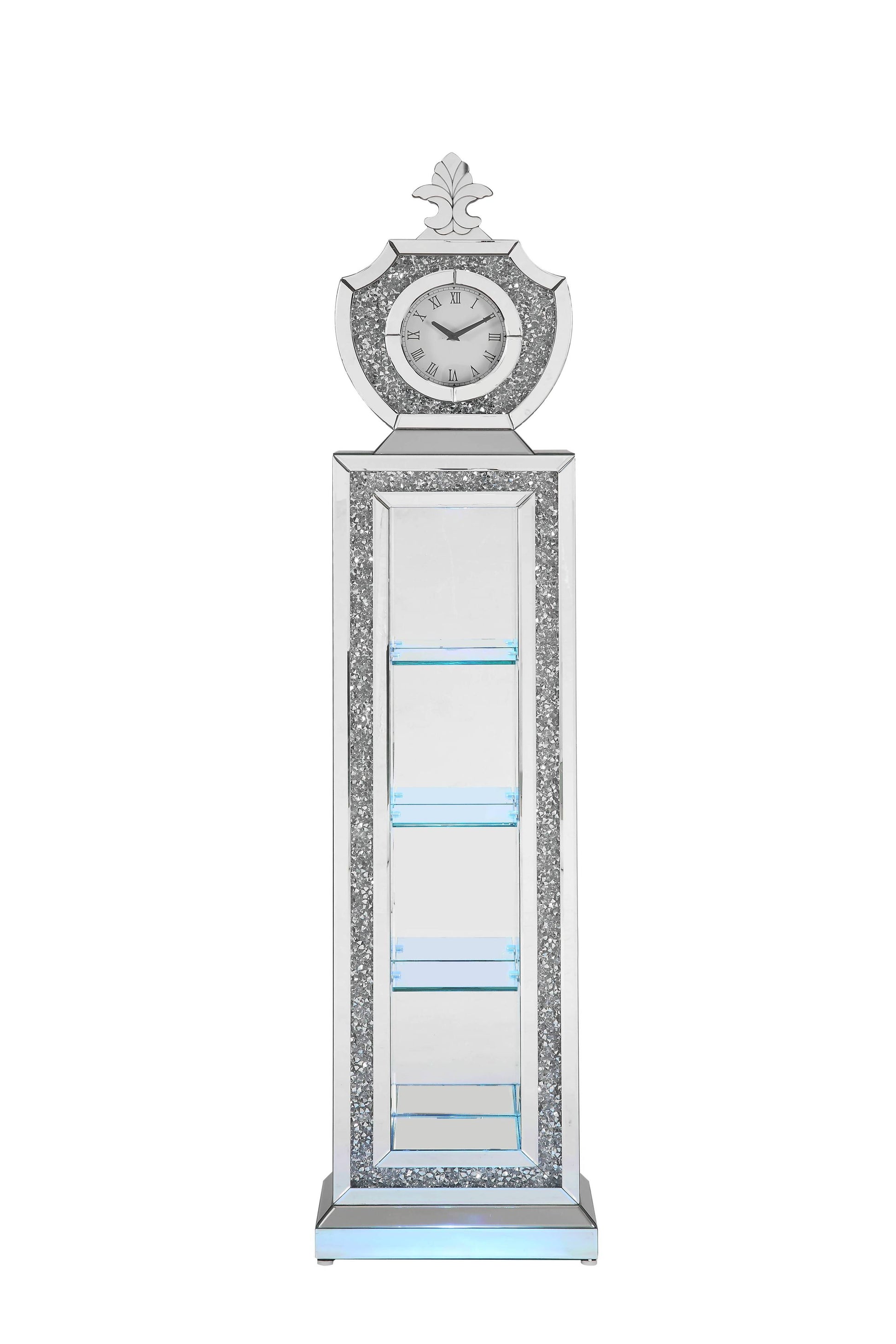 Noralie Grandfather Clock W Led Mirrored & Faux Diamonds Ac00351 Silver Glass