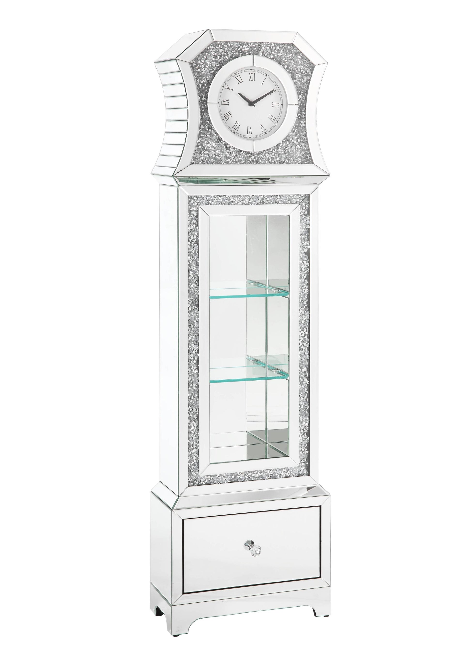 Noralie Grandfather Clock W Led Mirrored & Faux Diamonds Ac00350 Silver Glass