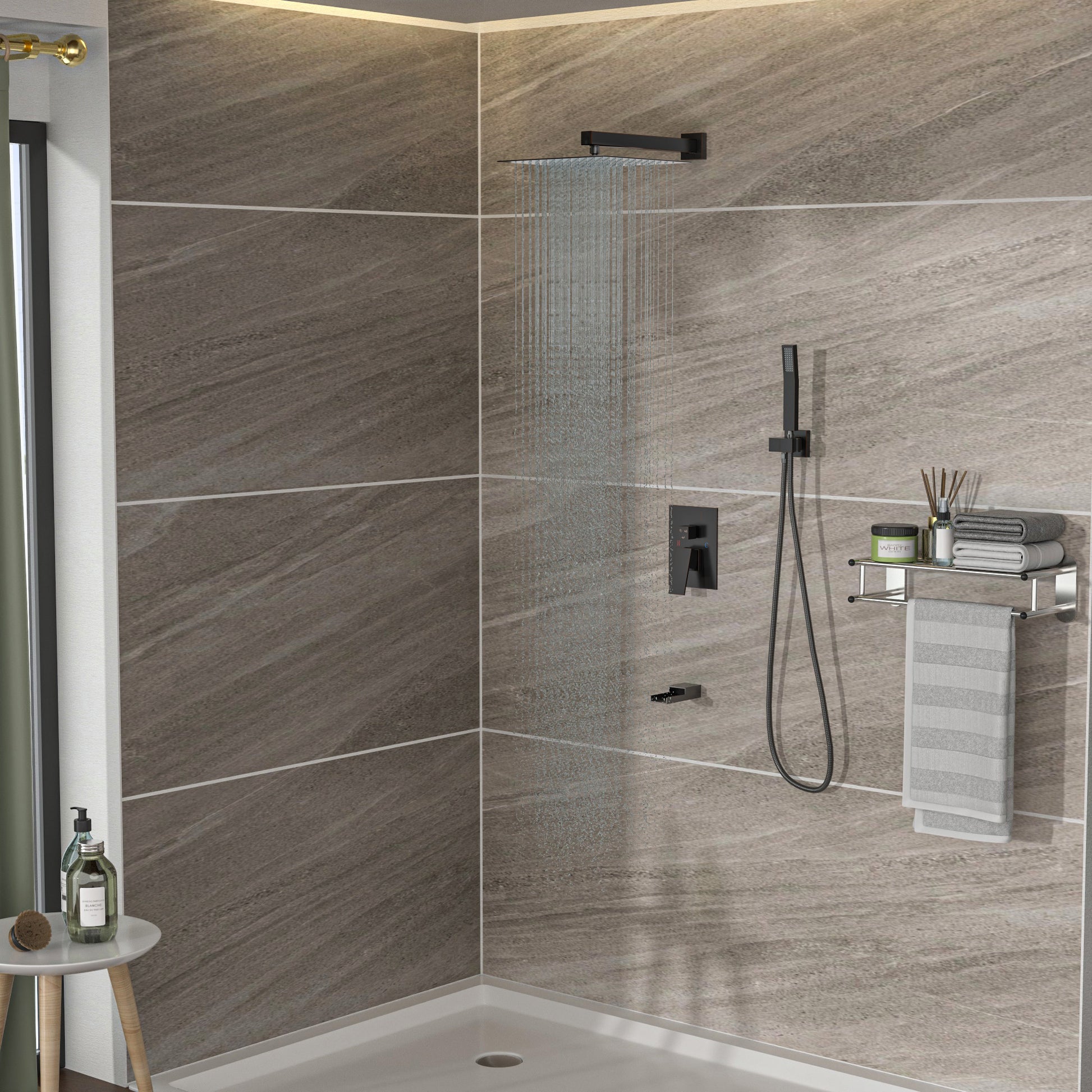 Shower System With Waterfall Tub Spout,12 Inch Wall Mounted Square Shower System With Rough In Valve, Oil Rubber Bronze Oil Rubbed Bronze Stainless Steel