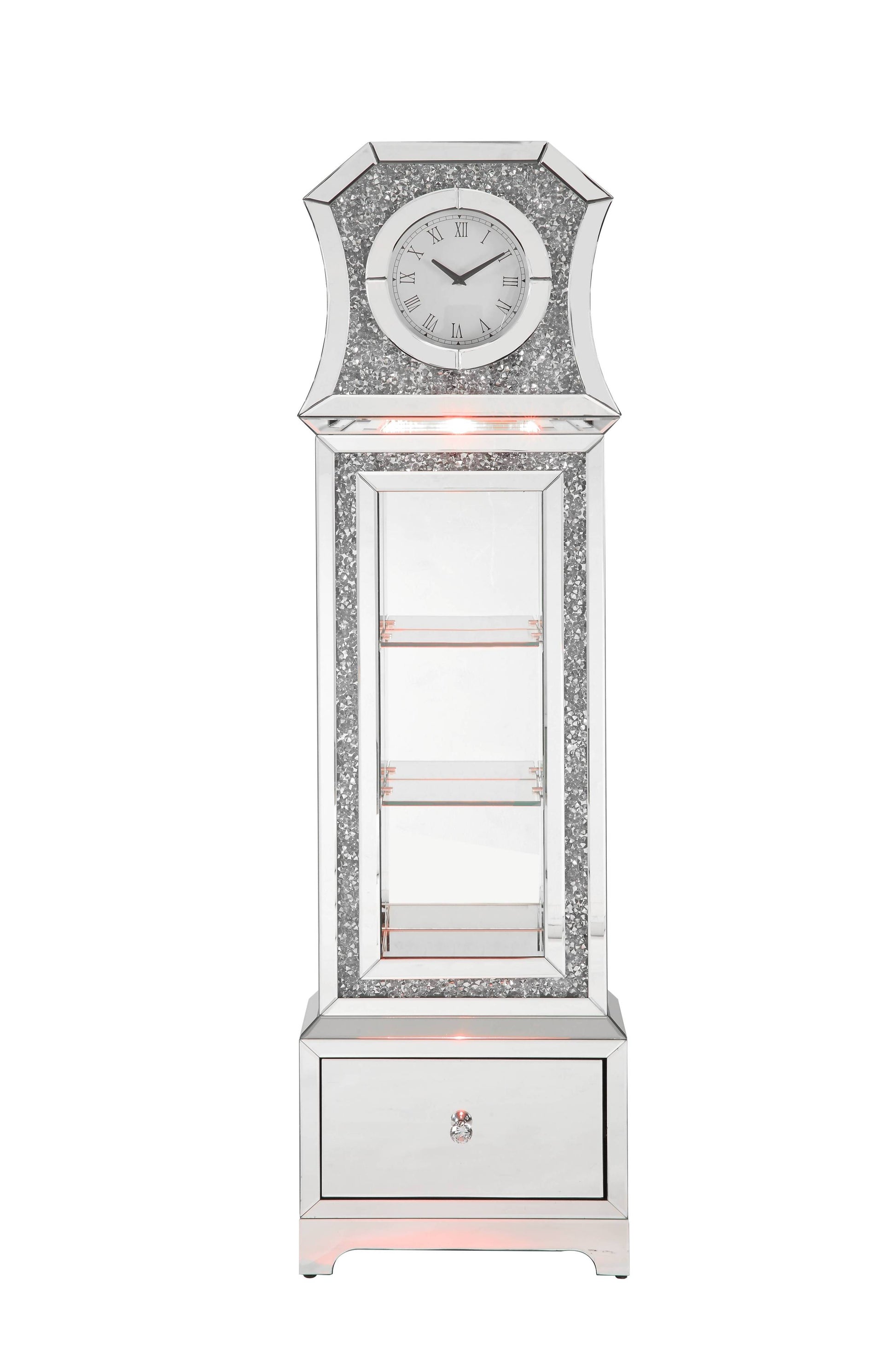 Noralie Grandfather Clock W Led Mirrored & Faux Diamonds Ac00350 Silver Glass