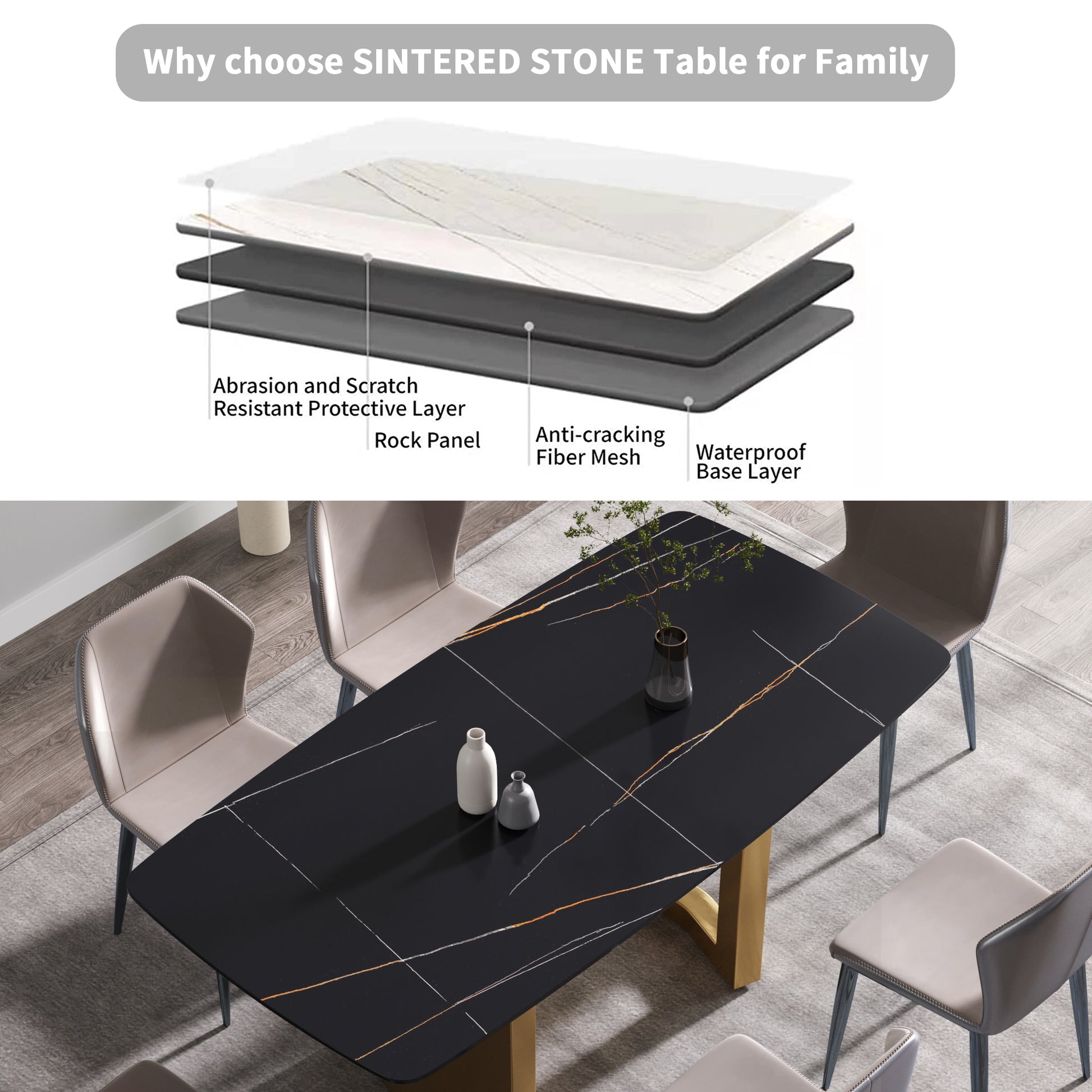70.87"Modern Artificial Stone Black Curved Golden Metal Leg Dining Table Can Accommodate 6 8 People Black Metal Sintered Stone
