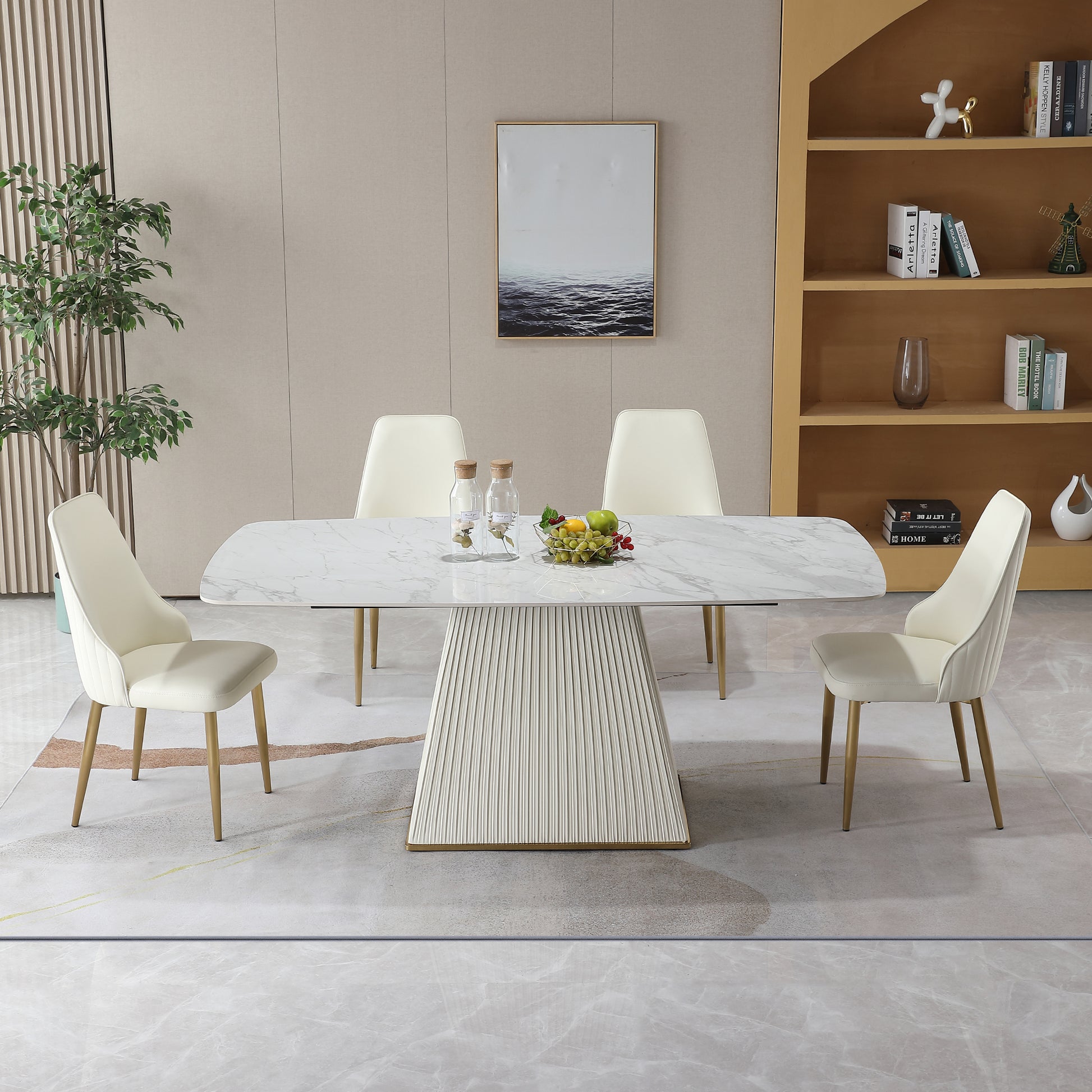 71" Contemporary Dining Table Sintered Stone Square Pedestal Base With 6 Pcs Chairs . White Dining Room American Design Sintered Stone