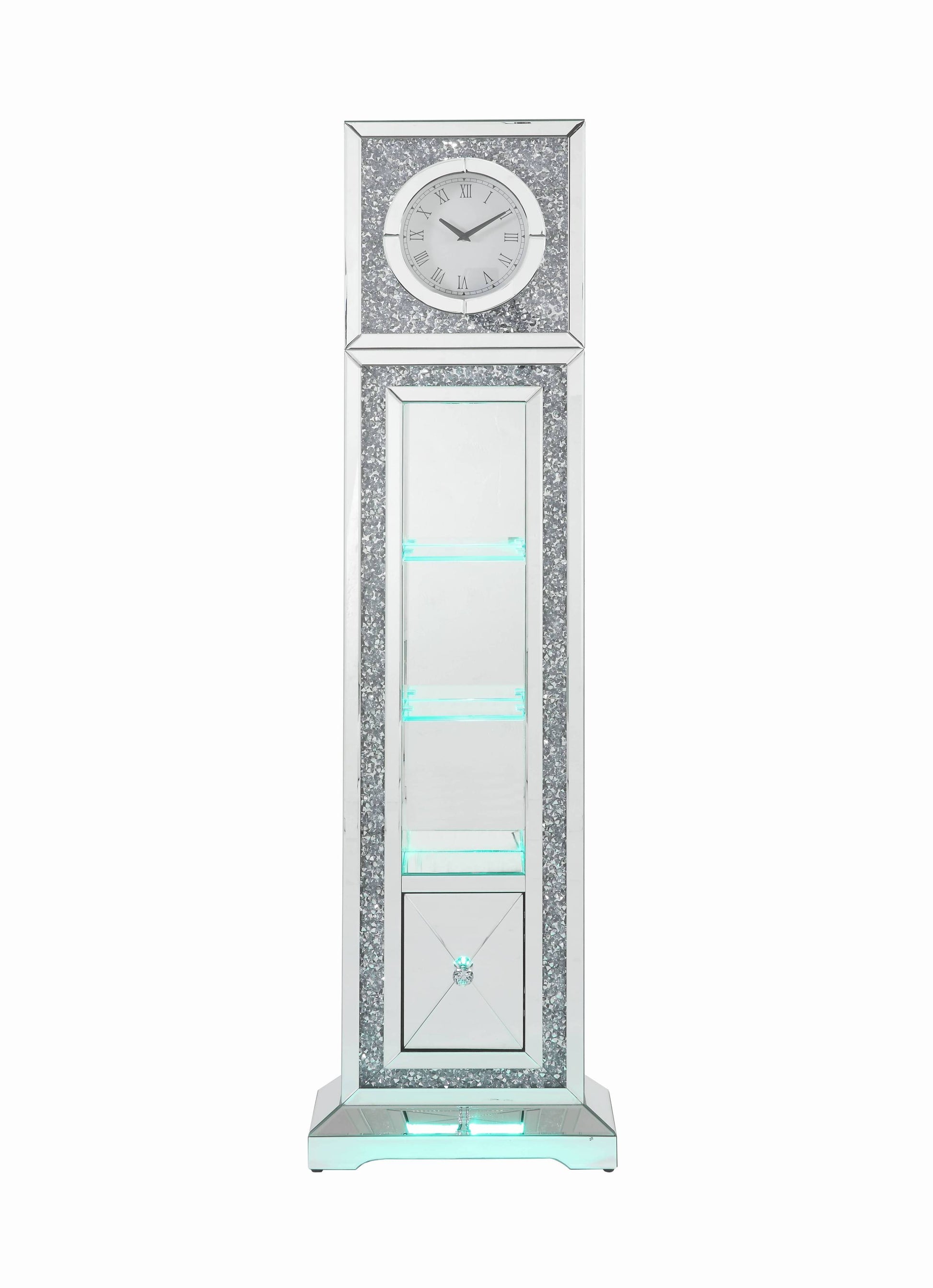 Noralie Grandfather Clock W Led Mirrored & Faux Diamonds Ac00354 Silver Glass