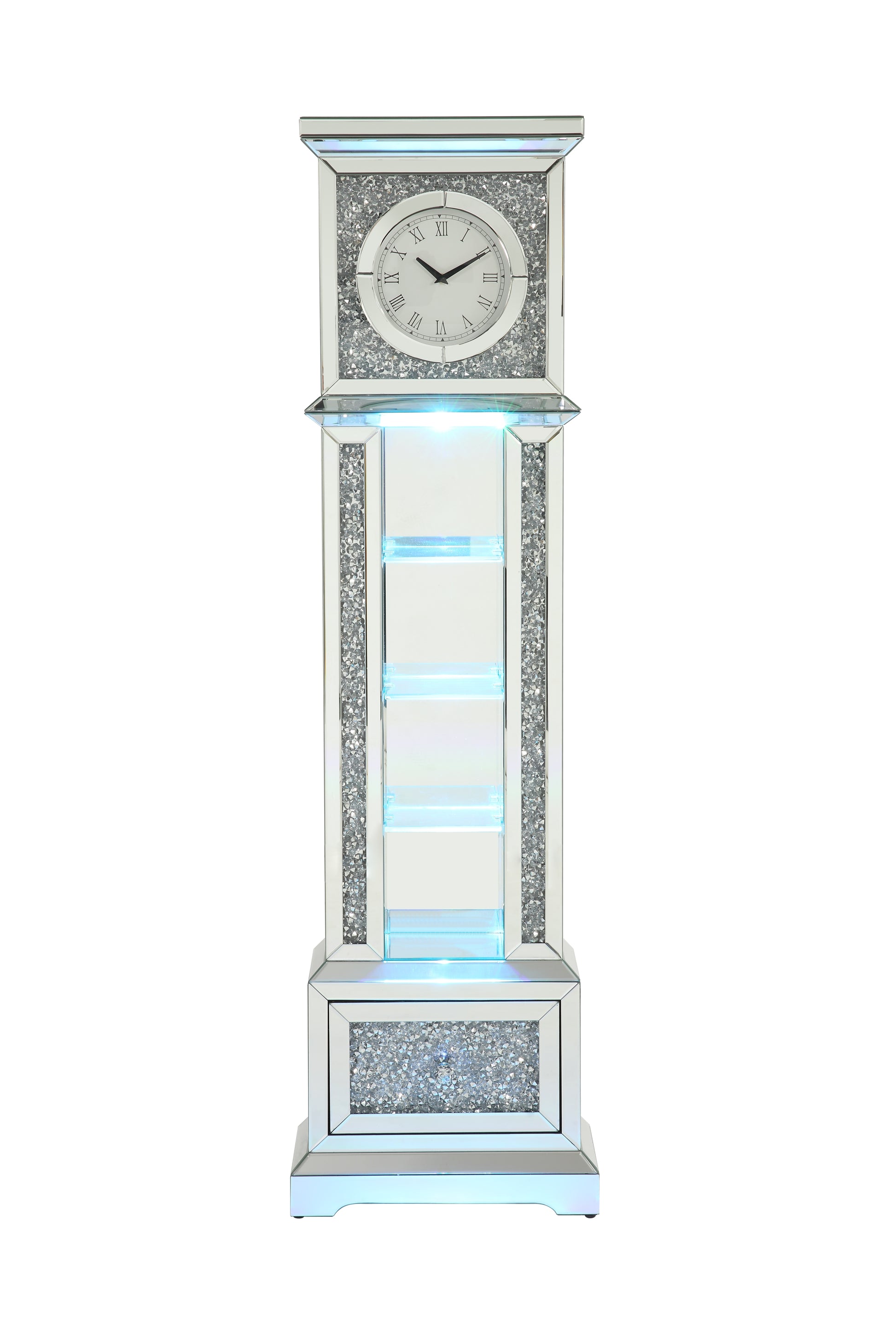 Noralie Grandfather Clock W Led Mirrored & Faux Diamonds Ac00348 Silver Glass