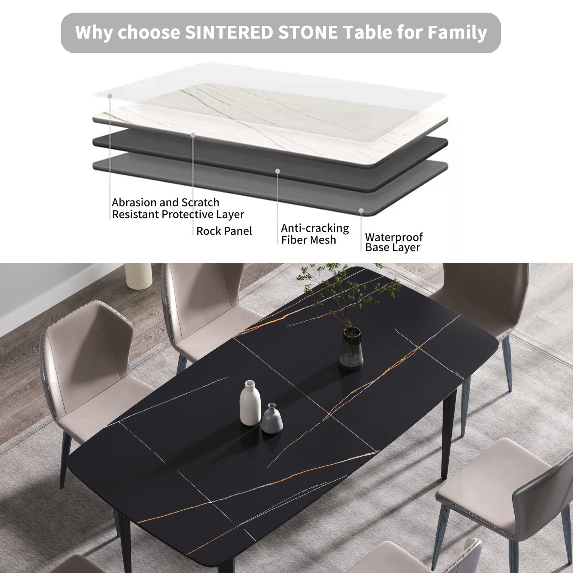 70.87"Modern Artificial Stone Black Curved Black Metal Leg Dining Table Can Accommodate 6 8 People Black Metal Sintered Stone