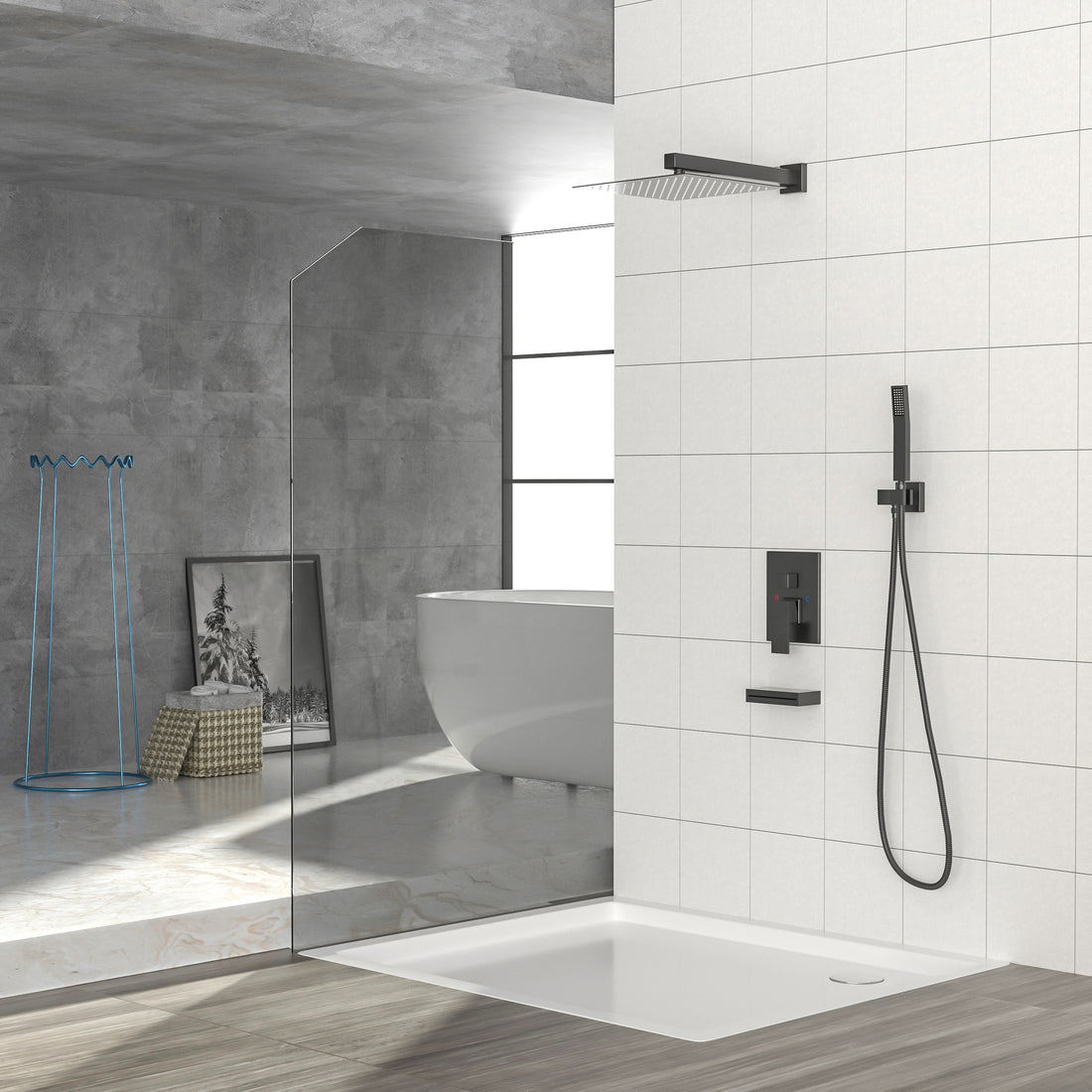 Shower System With Waterfall Tub Spout,12 Inch Wall Mounted Square Shower System With Rough In Valve,Matte Black Matte Black Stainless Steel