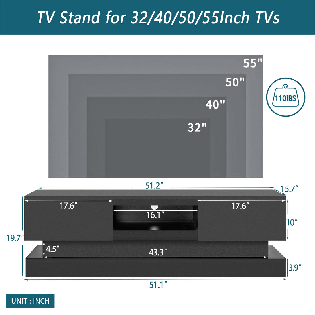 51.18Inch Black Morden Tv Stand With Led Lights,High Glossy Front Tv Cabinet,Can Be Assembled In Lounge Room, Living Room Or Bedroom,Color:Black Black Primary Living Space 50 Inches 50 59 Inches Classic 55 Inches Foam Particle Board