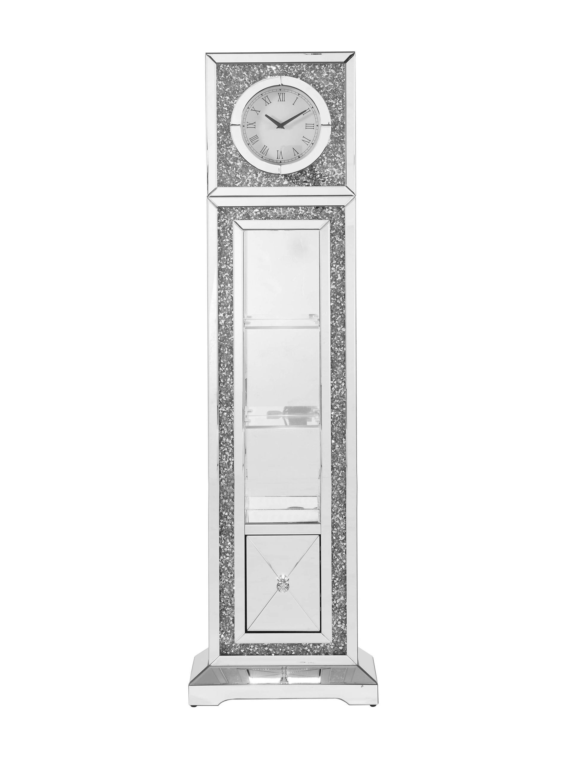 Noralie Grandfather Clock W Led Mirrored & Faux Diamonds Ac00354 Silver Glass