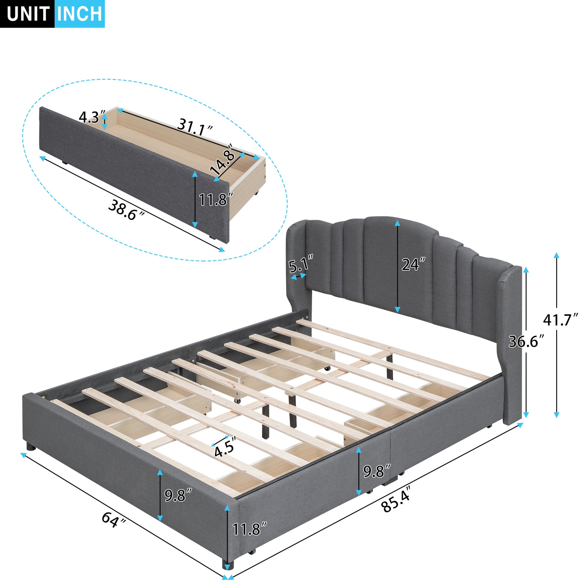 3 Pieces Bedroom Sets Queen Size Upholstered Platform Bed With 4 Drawers, Marble Top Nightstand And Storage Dresser, Gray Gray Mdf