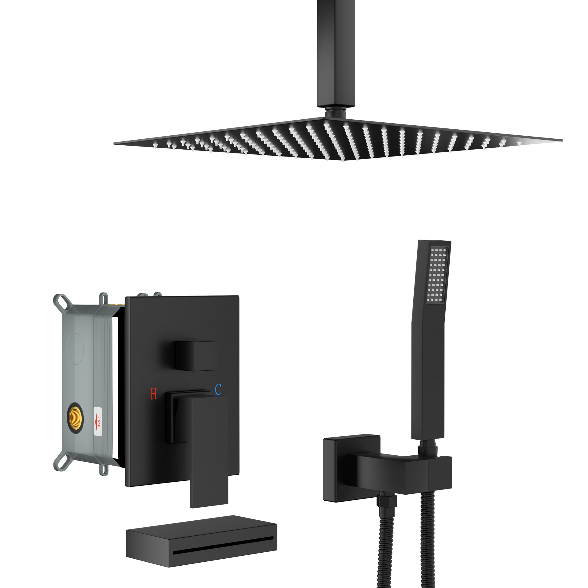 Shower System With Waterfall Tub Spout,12 Inch Ceiling Mount Square Shower System With Rough In Valve,Matte Black Matte Black Stainless Steel