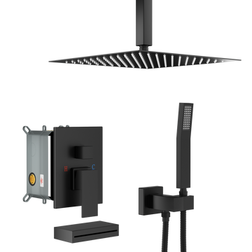 Shower System With Waterfall Tub Spout,12 Inch Ceiling Mount Square Shower System With Rough In Valve,Matte Black Matte Black Stainless Steel