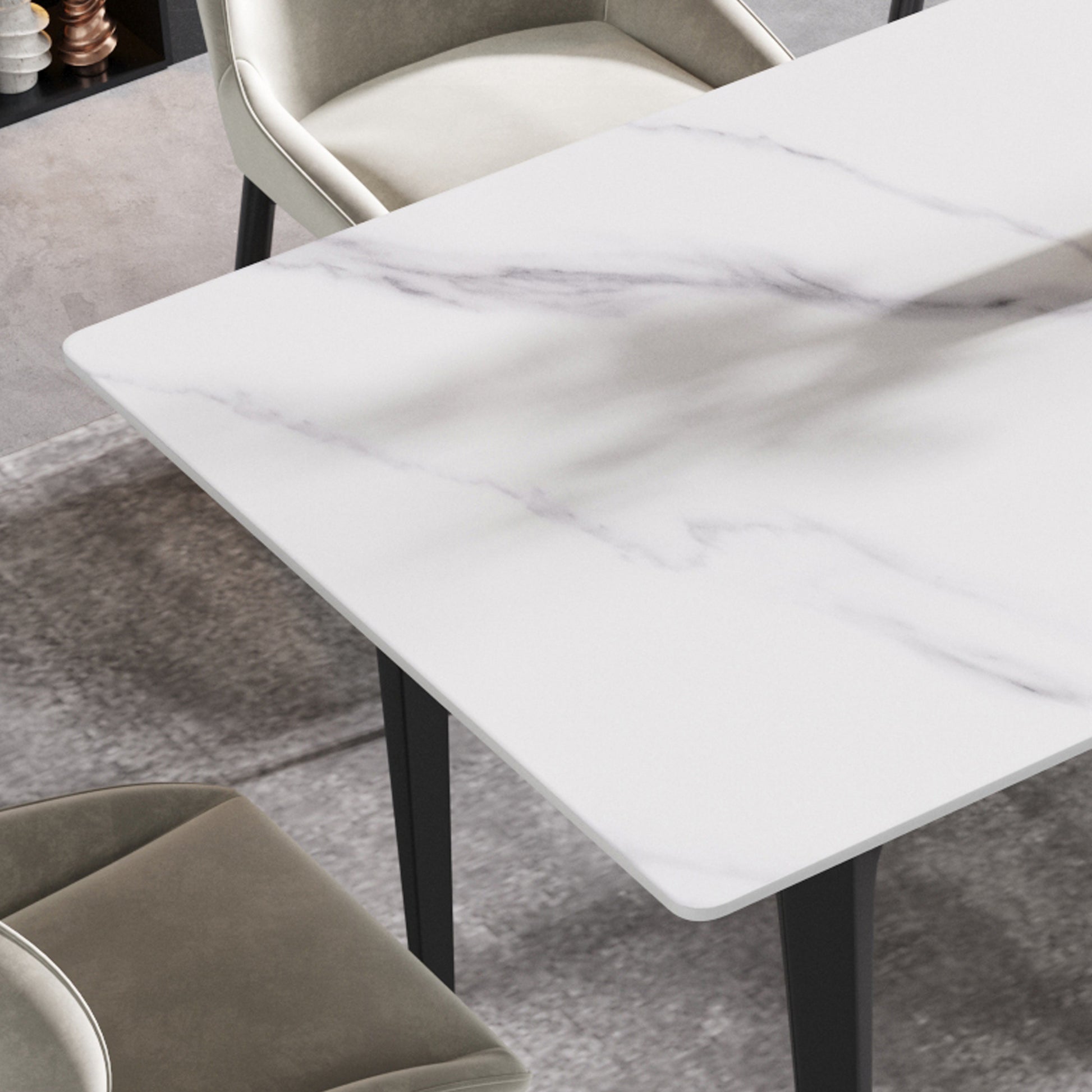63"Modern Artificial Stone White Straight Edge Black Metal Leg Dining Table 6 People White Metal Sintered Stone
