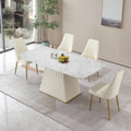 71 Inch Stone Diningtable With Carrara White Color And Striped Pedestal Base Beige Sintered Stone Carbon Steel