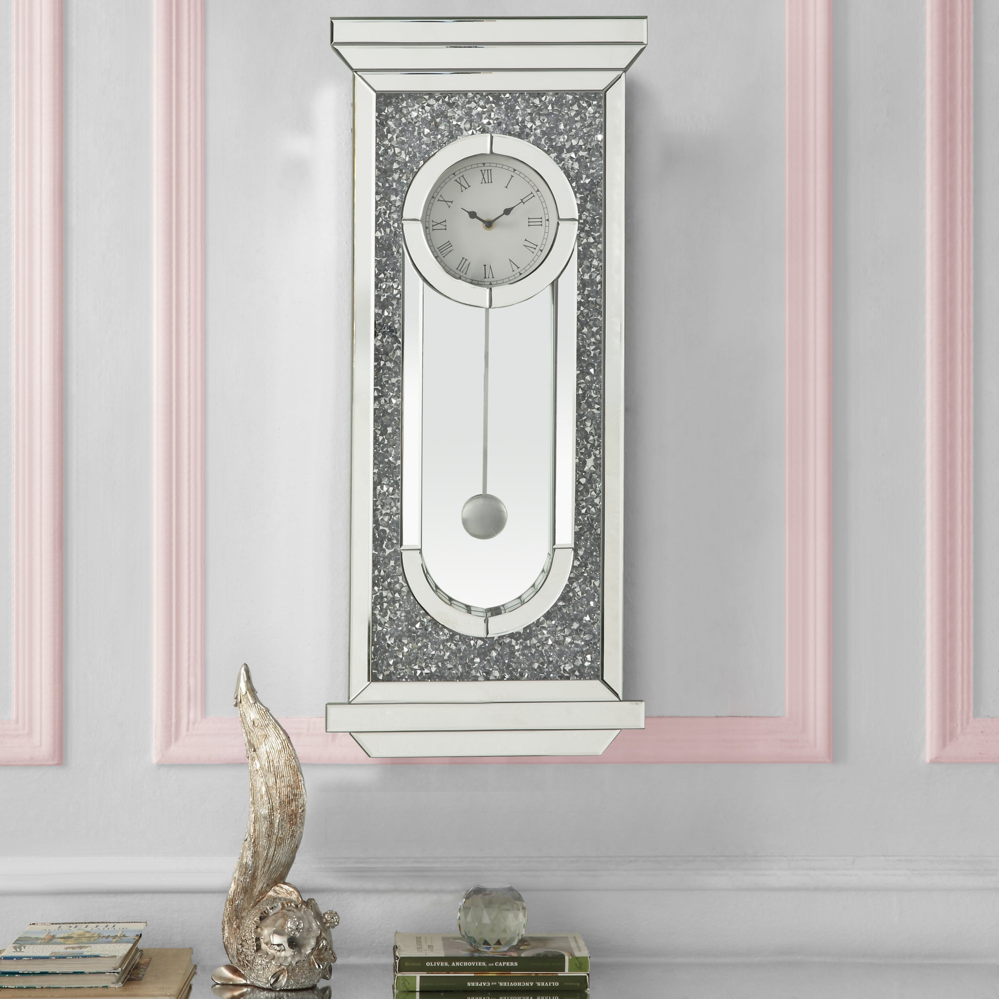 Noralie Wall Clock Mirrored & Faux Diamonds Ac00422 Silver Glass