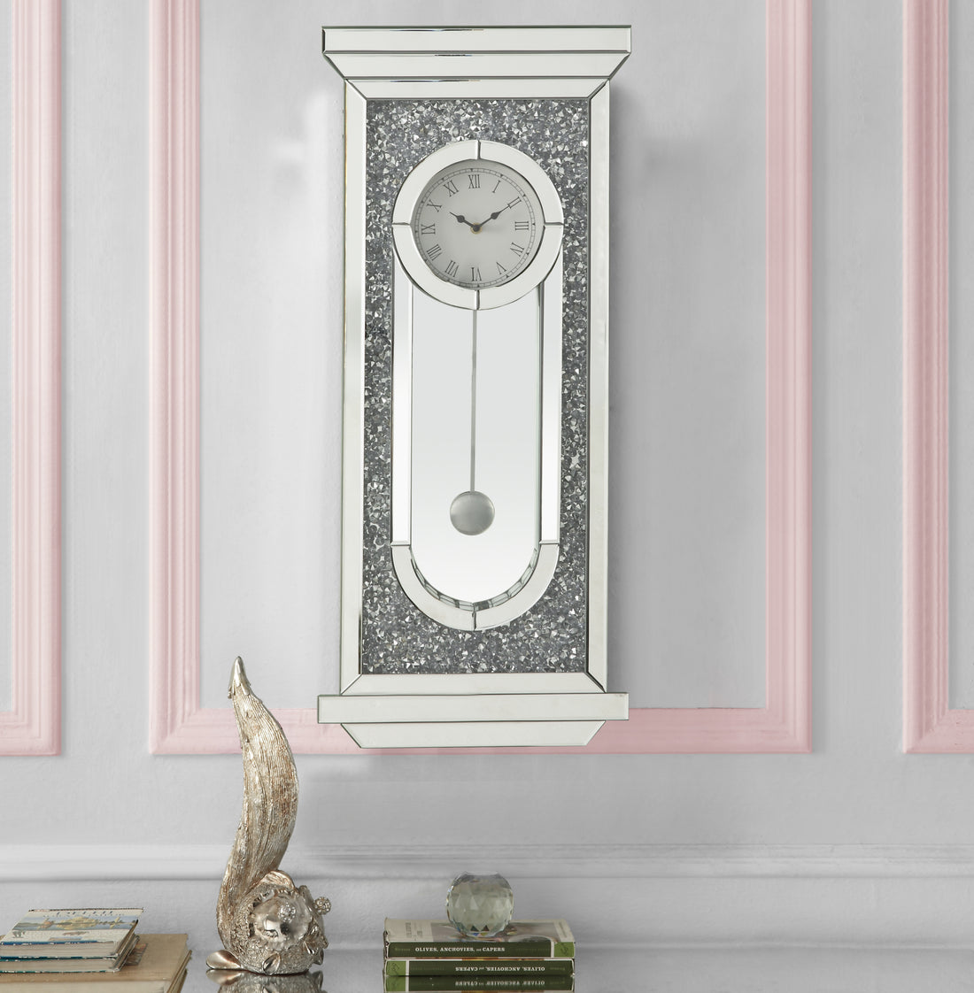 Noralie Wall Clock Mirrored & Faux Diamonds Ac00422 Silver Glass