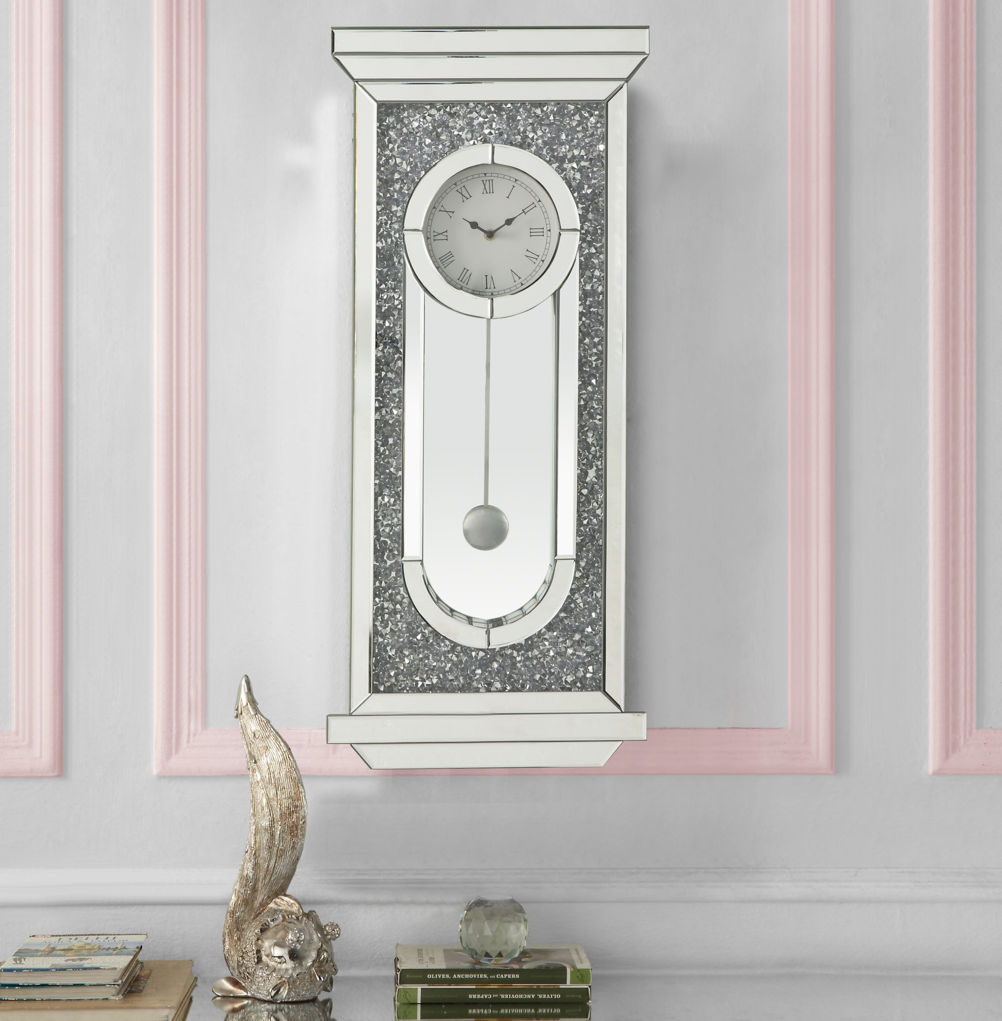 Noralie Wall Clock Mirrored & Faux Diamonds Ac00422 Silver Glass