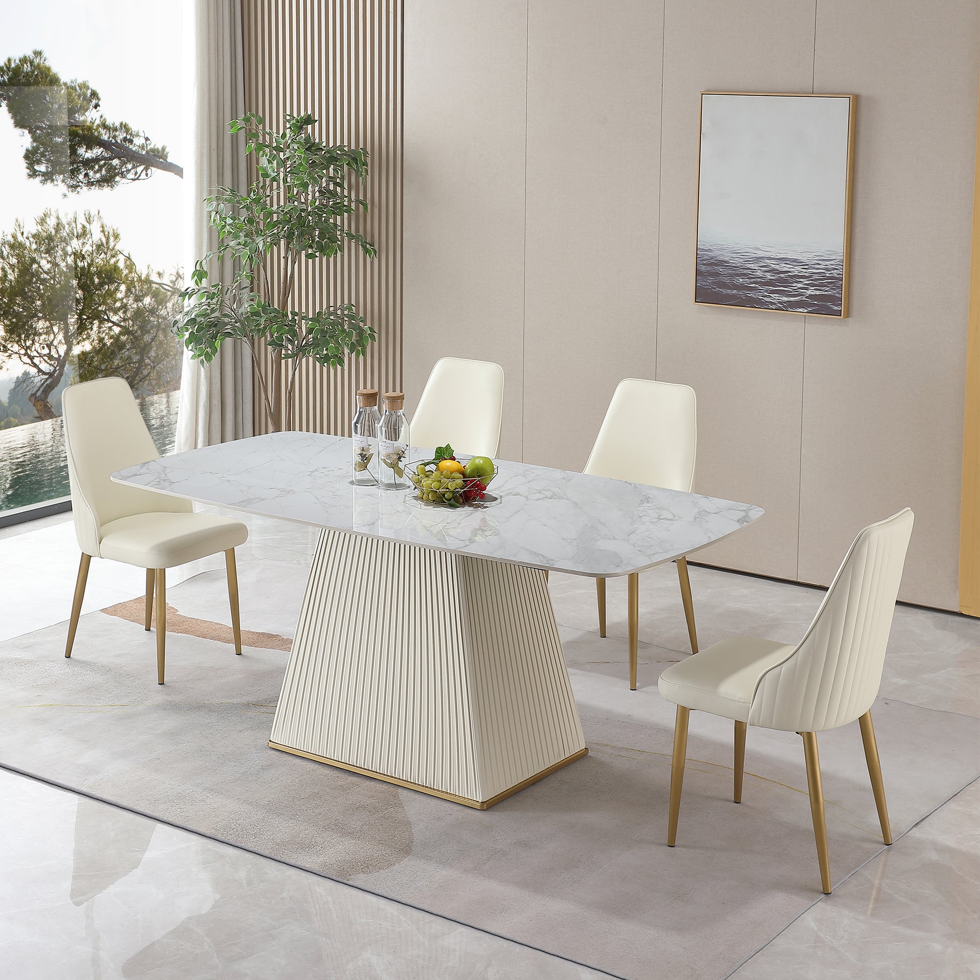 71" Contemporary Dining Table Sintered Stone Square Pedestal Base With 6 Pcs Chairs . White Dining Room American Design Sintered Stone