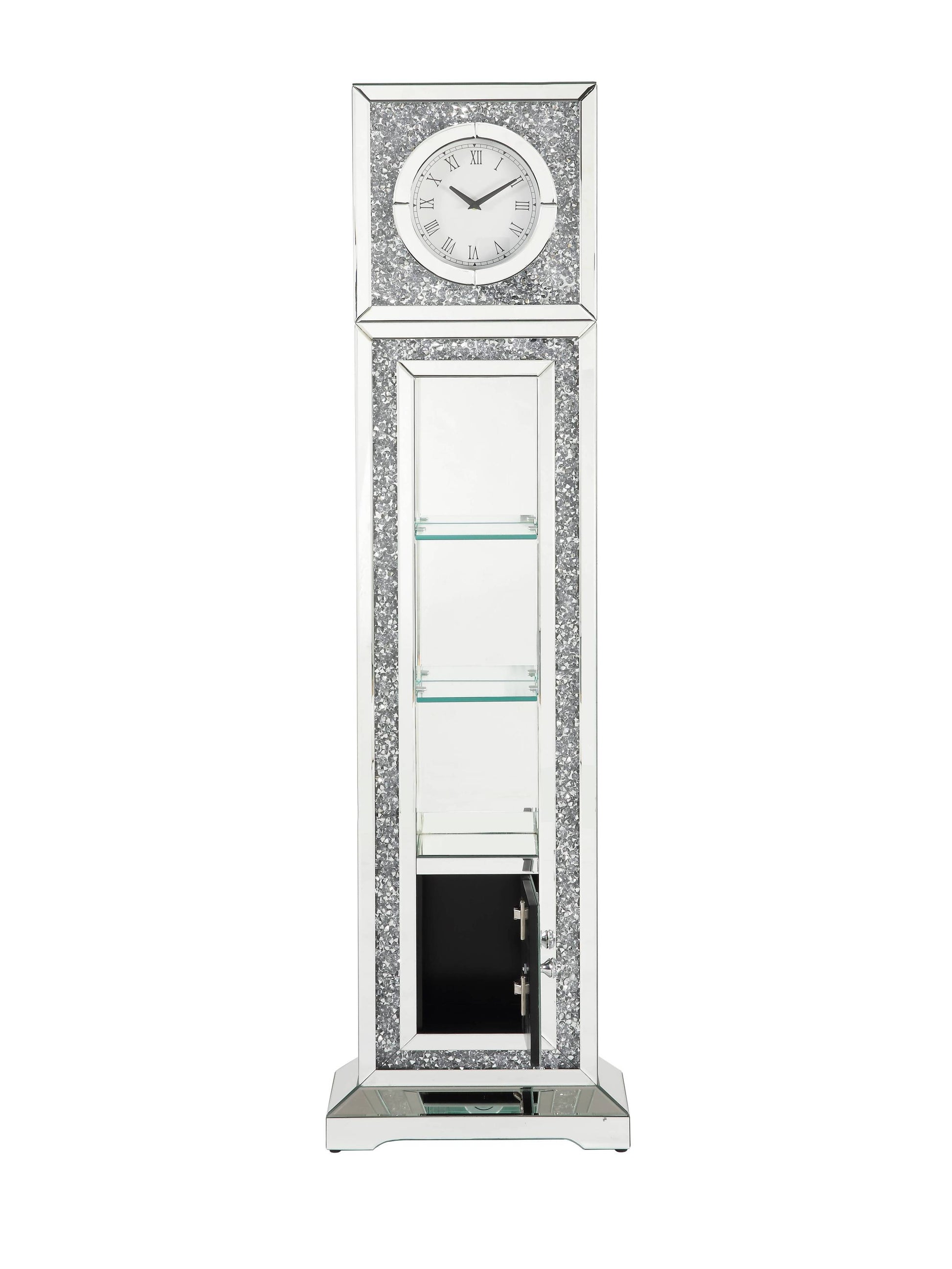 Noralie Grandfather Clock W Led Mirrored & Faux Diamonds Ac00354 Silver Glass