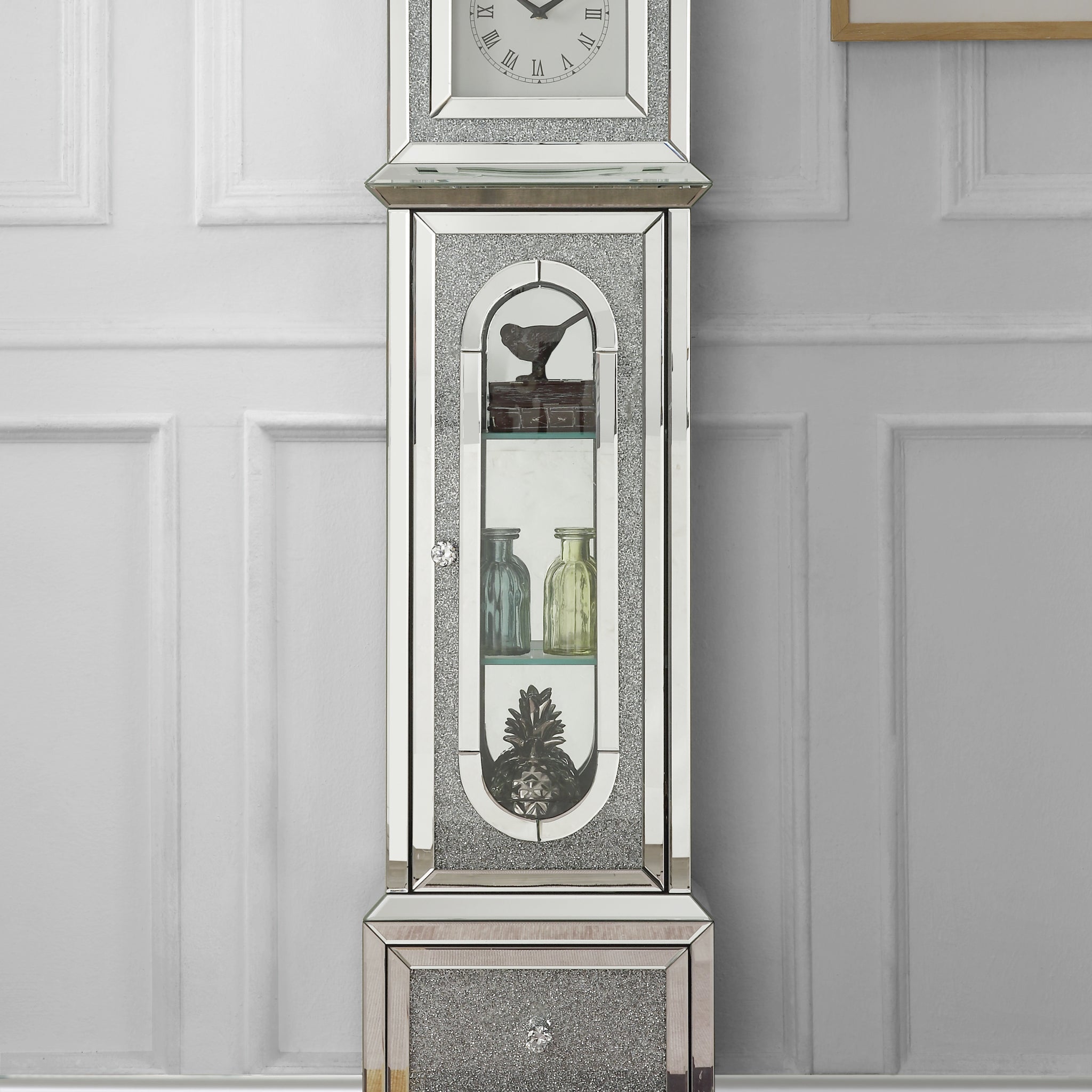 Noralie Grandfather Clock W Led Mirrored & Faux Diamonds Ac00347 Silver Glass